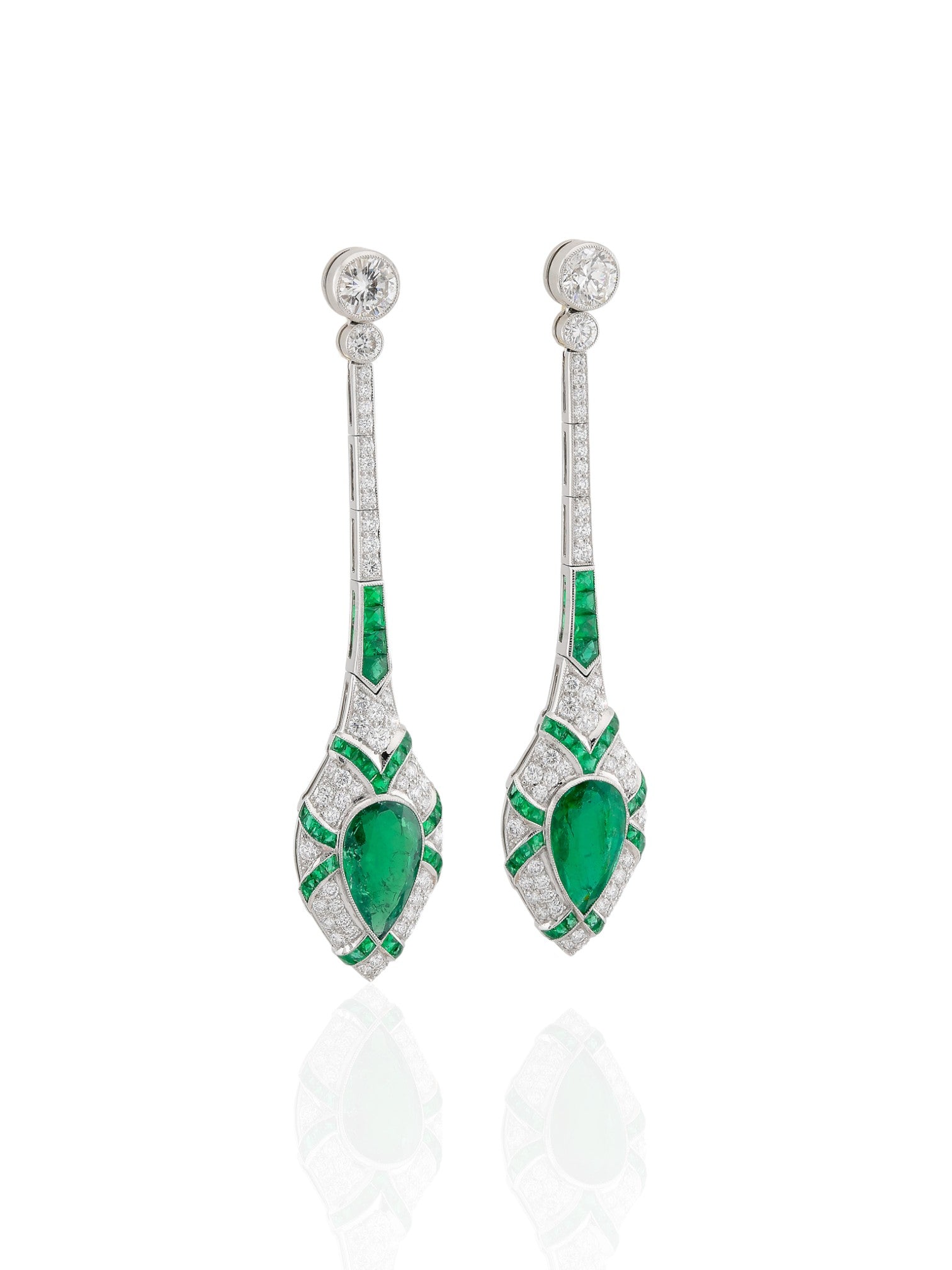 Sophia D Art Deco Pear Shaped Emerald and Diamond Drop Earrings in Platinum and 18K Yellow Gold