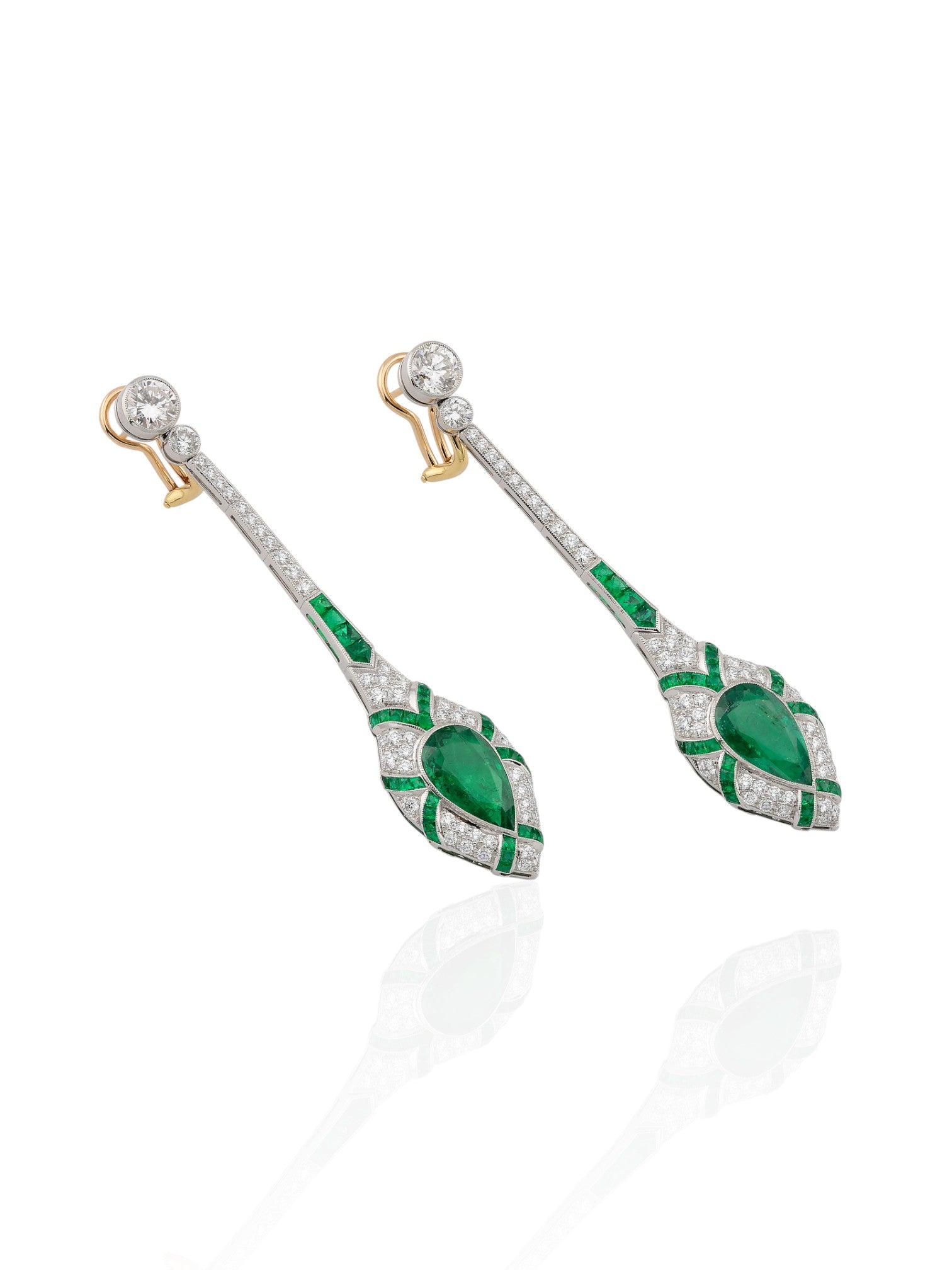 Sophia D Art Deco Pear Shaped Emerald and Diamond Drop Earrings in Platinum and 18K Yellow Gold