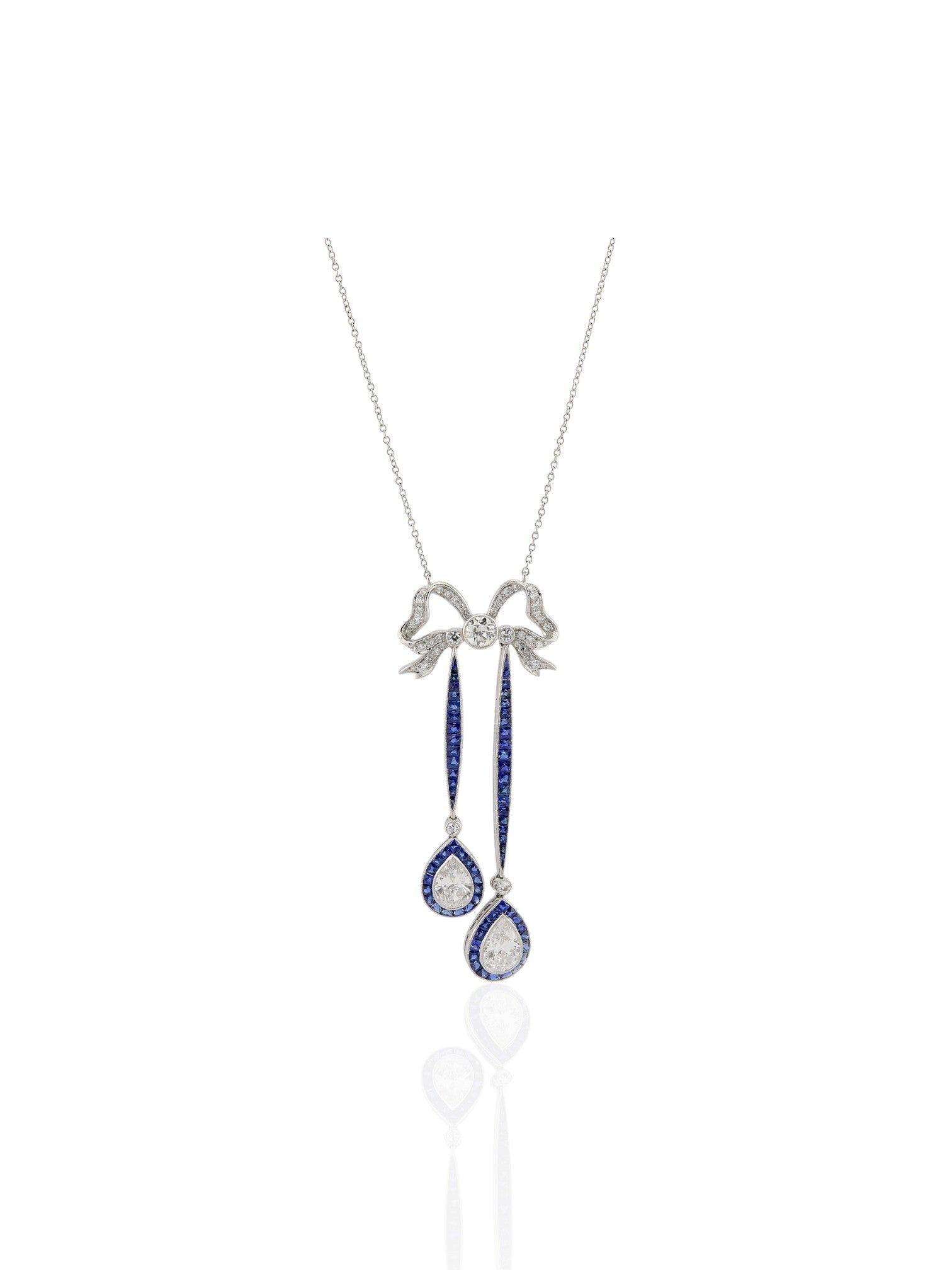 Sophia D Art Deco Pear Shaped Diamond, Round Diamond, and Sapphire Bow Necklace in Platinum