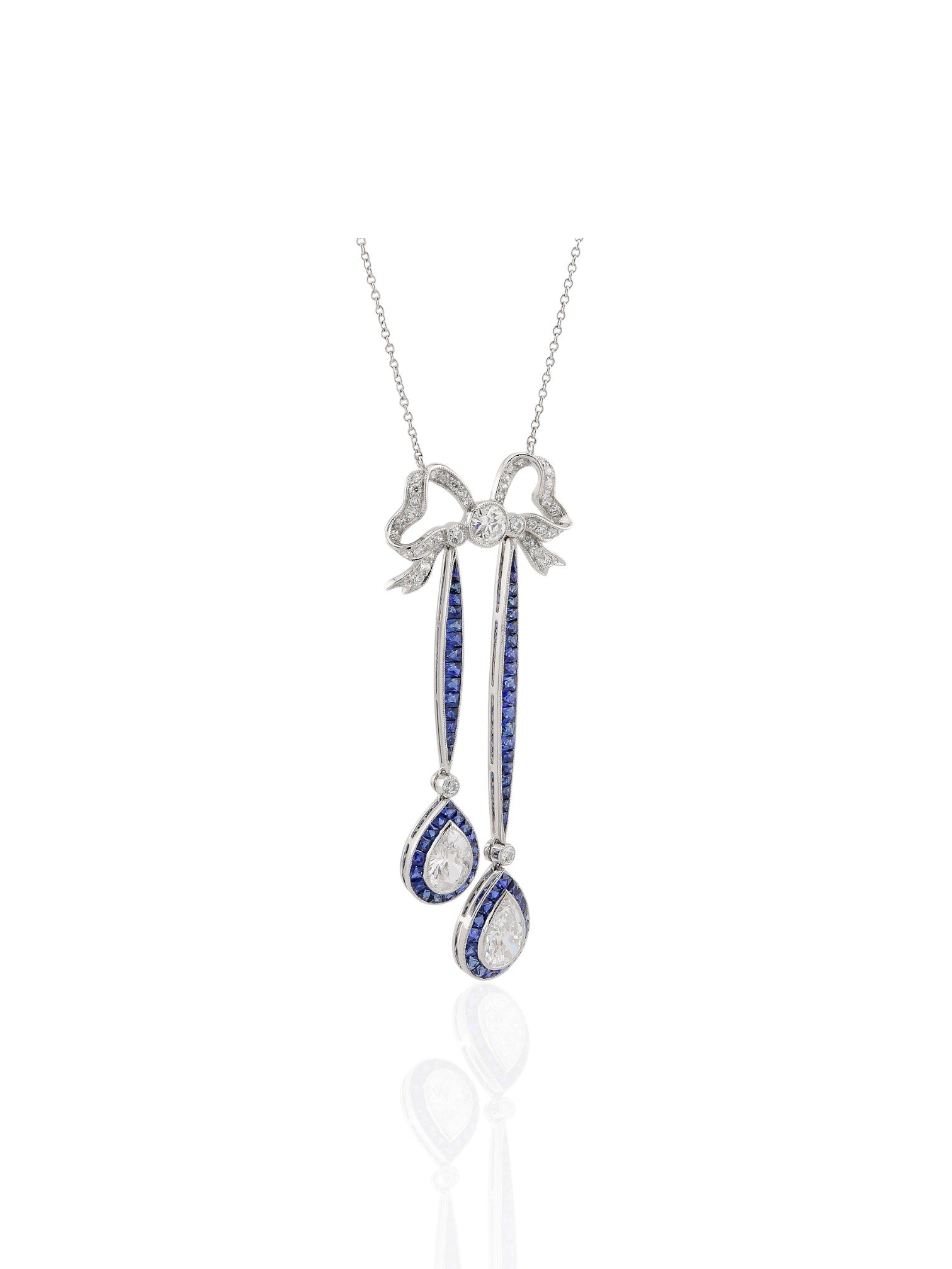 Sophia D Art Deco Pear Shaped Diamond, Round Diamond, and Sapphire Bow Necklace in Platinum