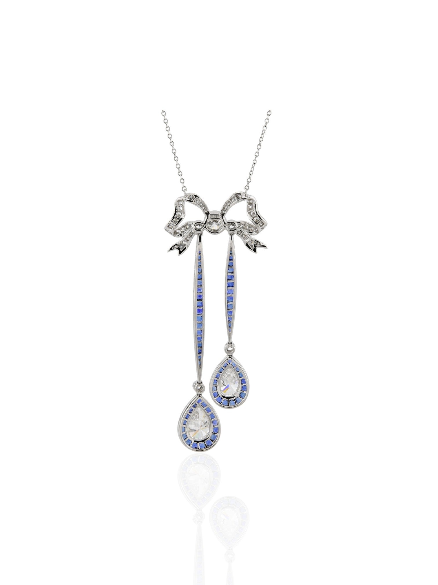 Sophia D Art Deco Pear Shaped Diamond, Round Diamond, and Sapphire Bow Necklace in Platinum