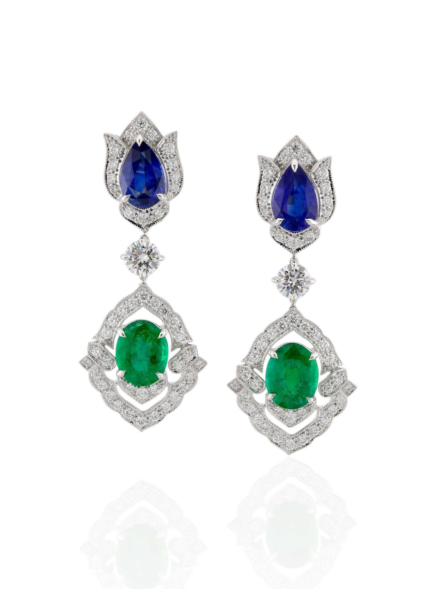 Sophia D Art Deco Sapphire, Emerald, and Diamond Drop Earrings in Platinum