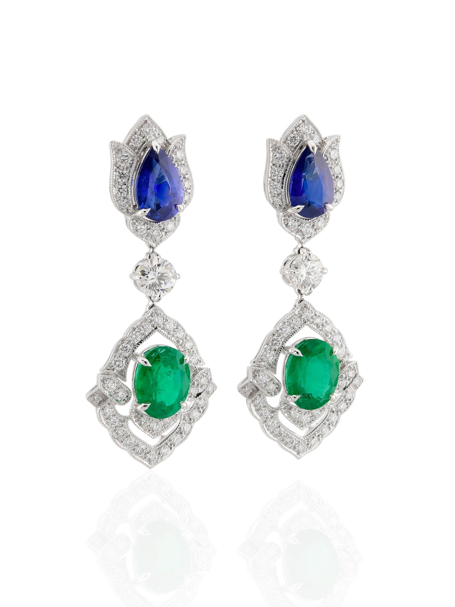 Sophia D Art Deco Sapphire, Emerald, and Diamond Drop Earrings in Platinum
