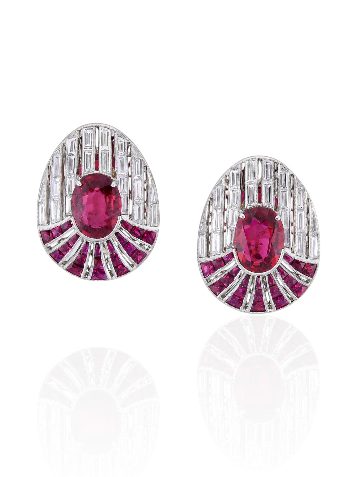 Sophia D Art Deco Ruby Sunburst Earrings Platinum and 18K Yellow Gold
