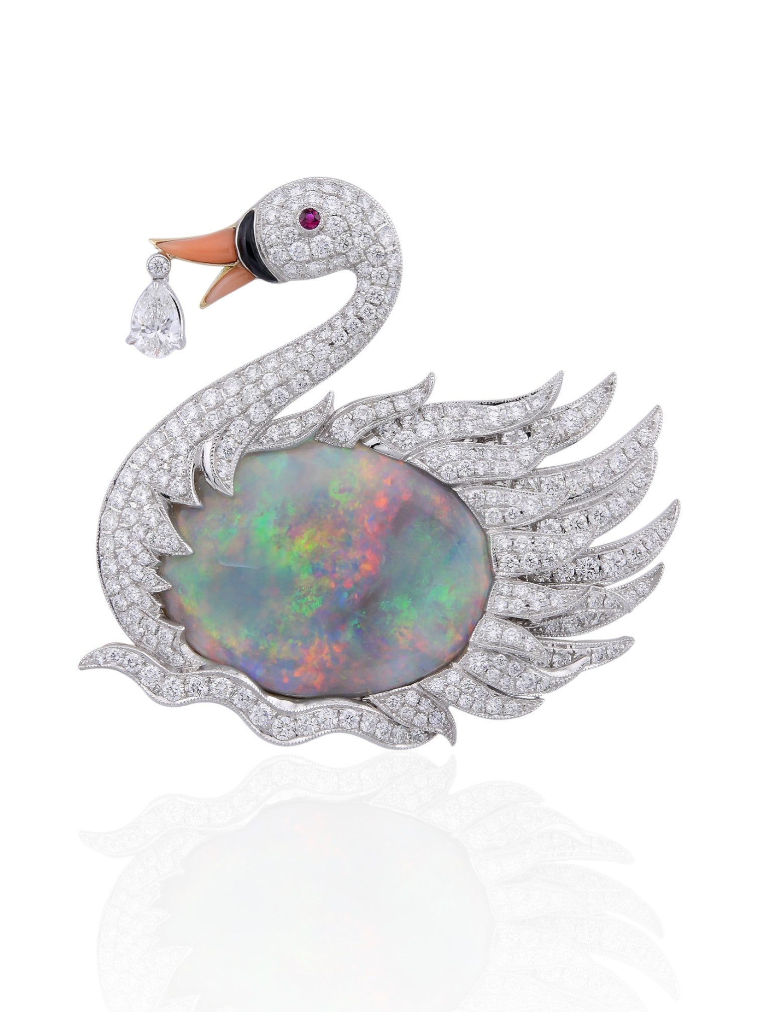 Sophia D Art Deco Opal Swan Brooch 18K White and Yellow Gold