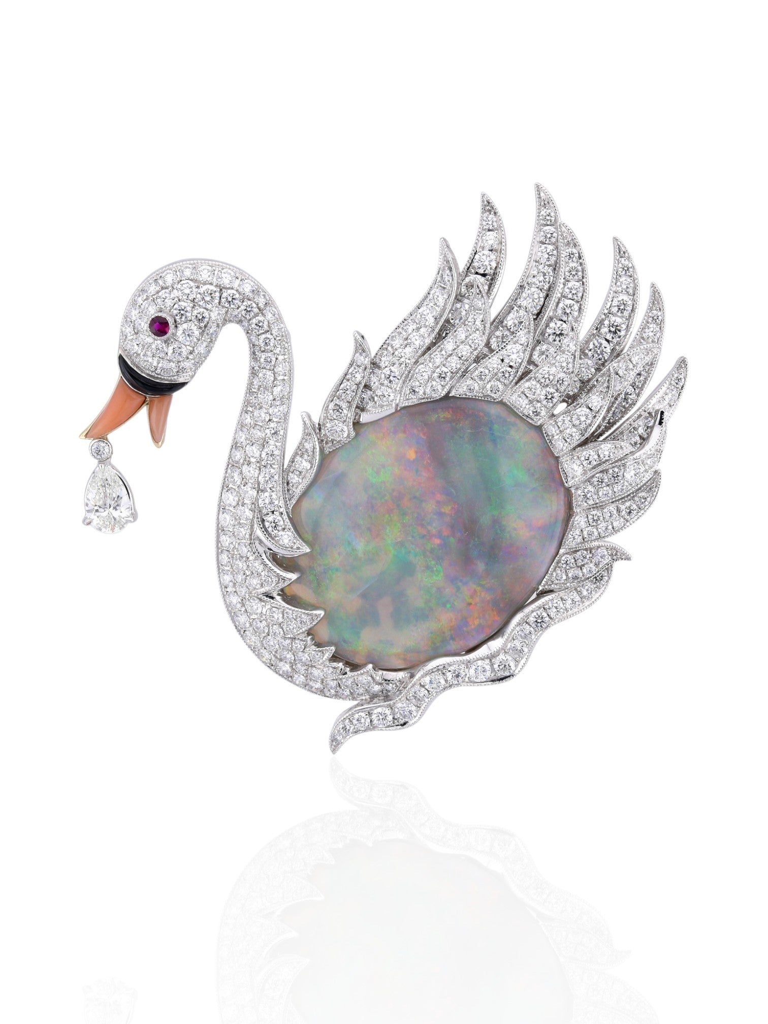 Sophia D Art Deco Opal Swan Brooch 18K White and Yellow Gold