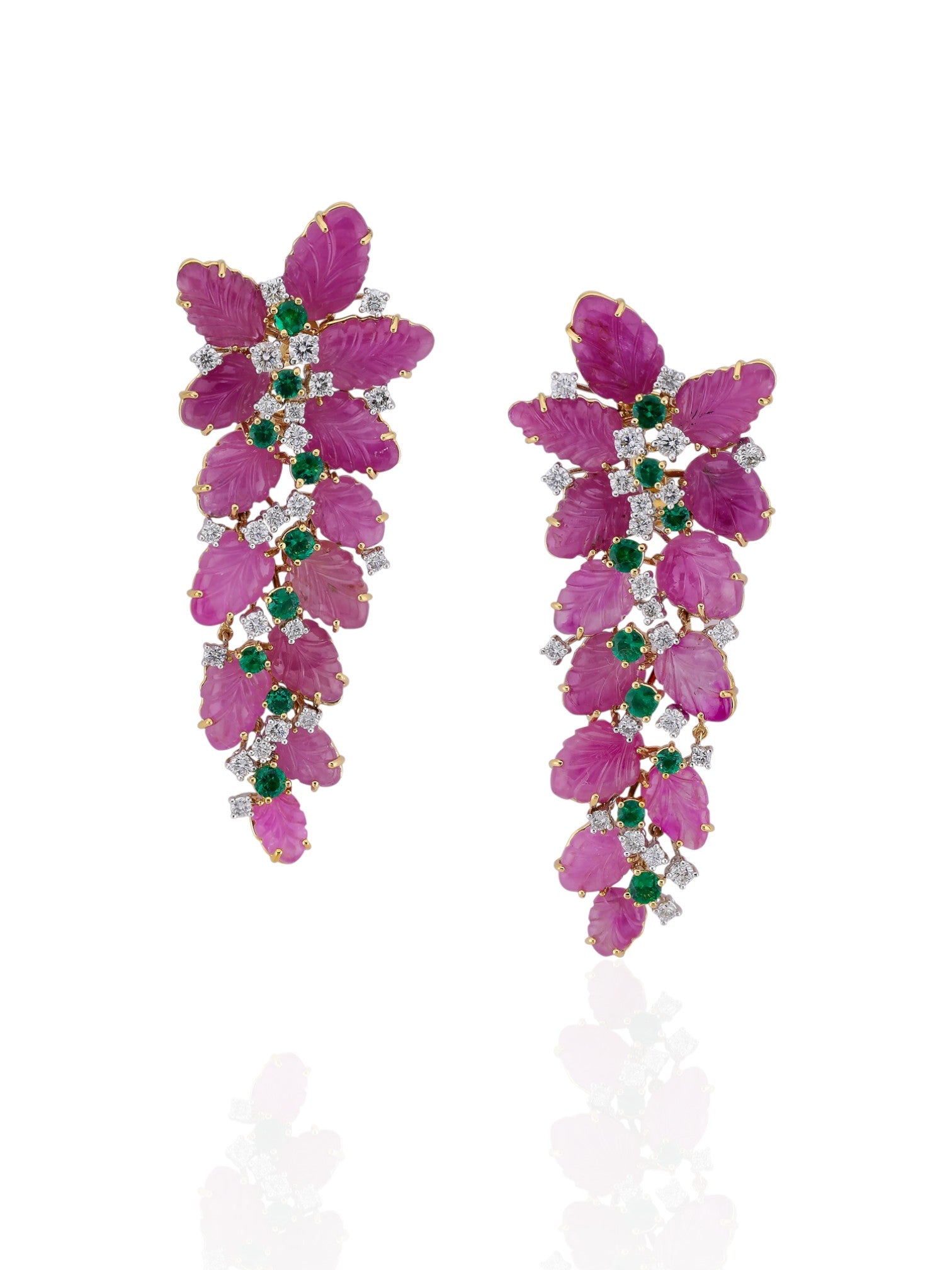 Sophia D Art Deco Carved Ruby Floral Earrings 18K Yellow Gold and Platinum