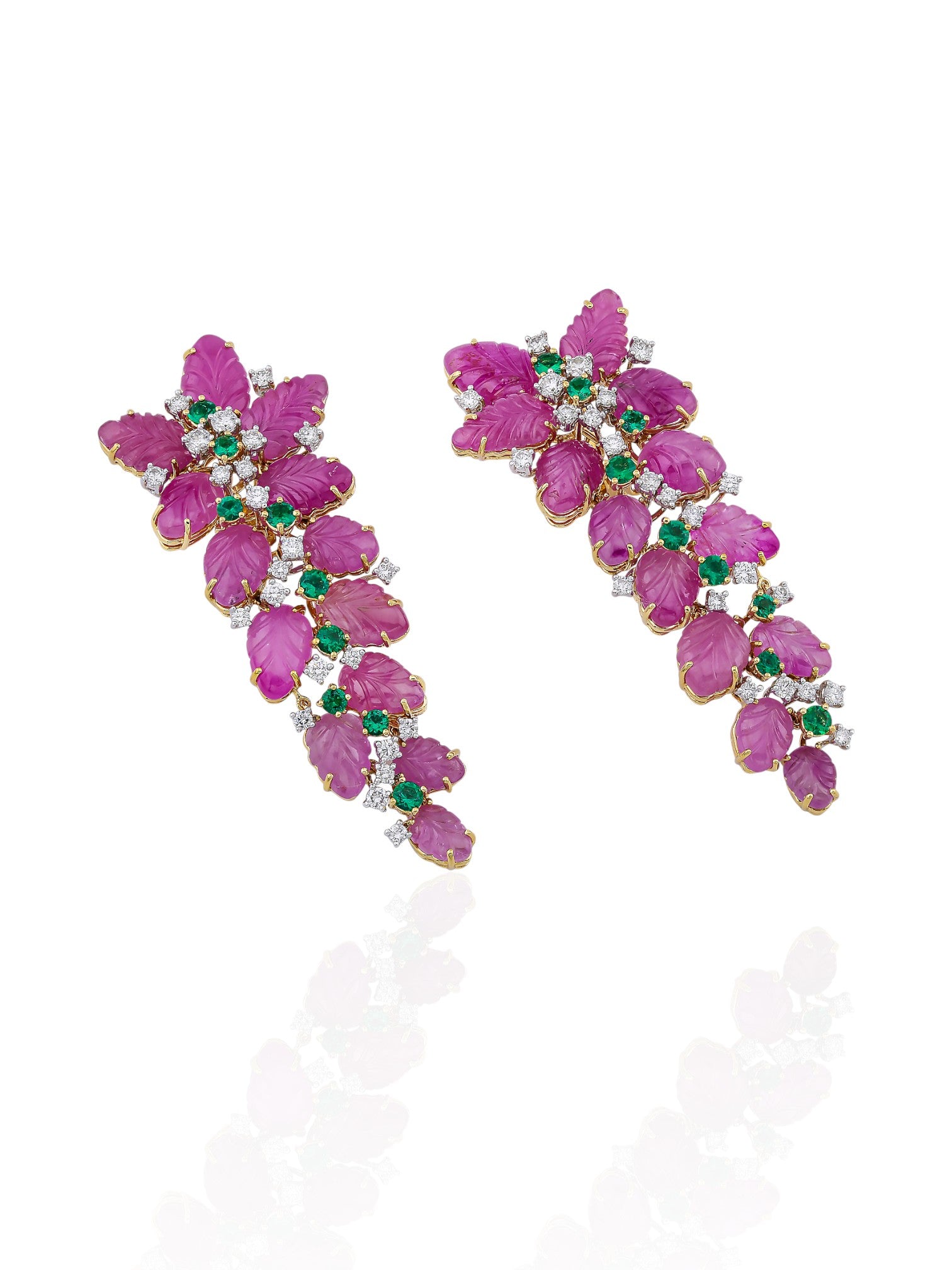 Sophia D Art Deco Carved Ruby Floral Earrings 18K Yellow Gold and Platinum