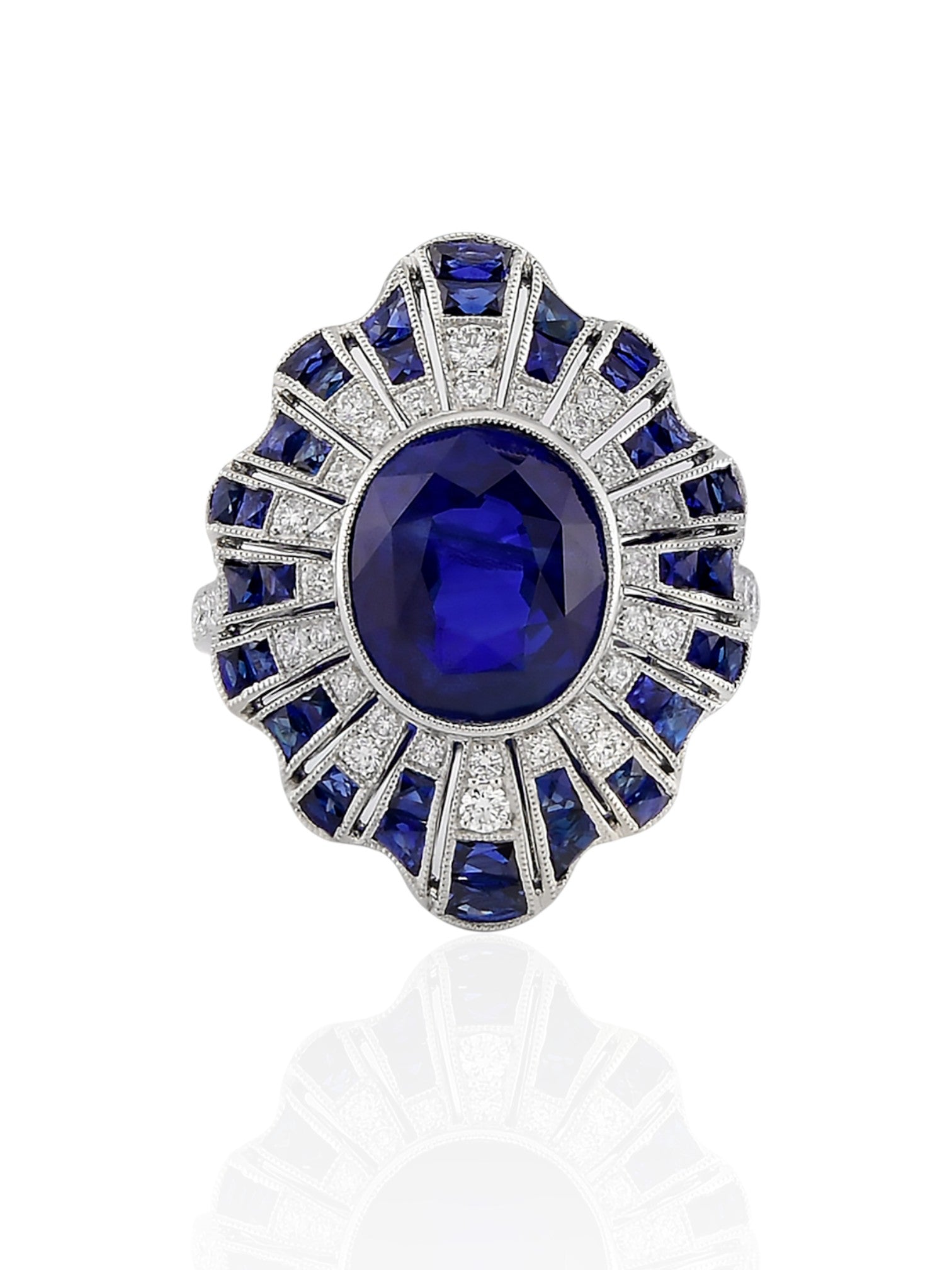 Sophia D Oval Sapphire and Diamond Sunburst Ring in Platinum