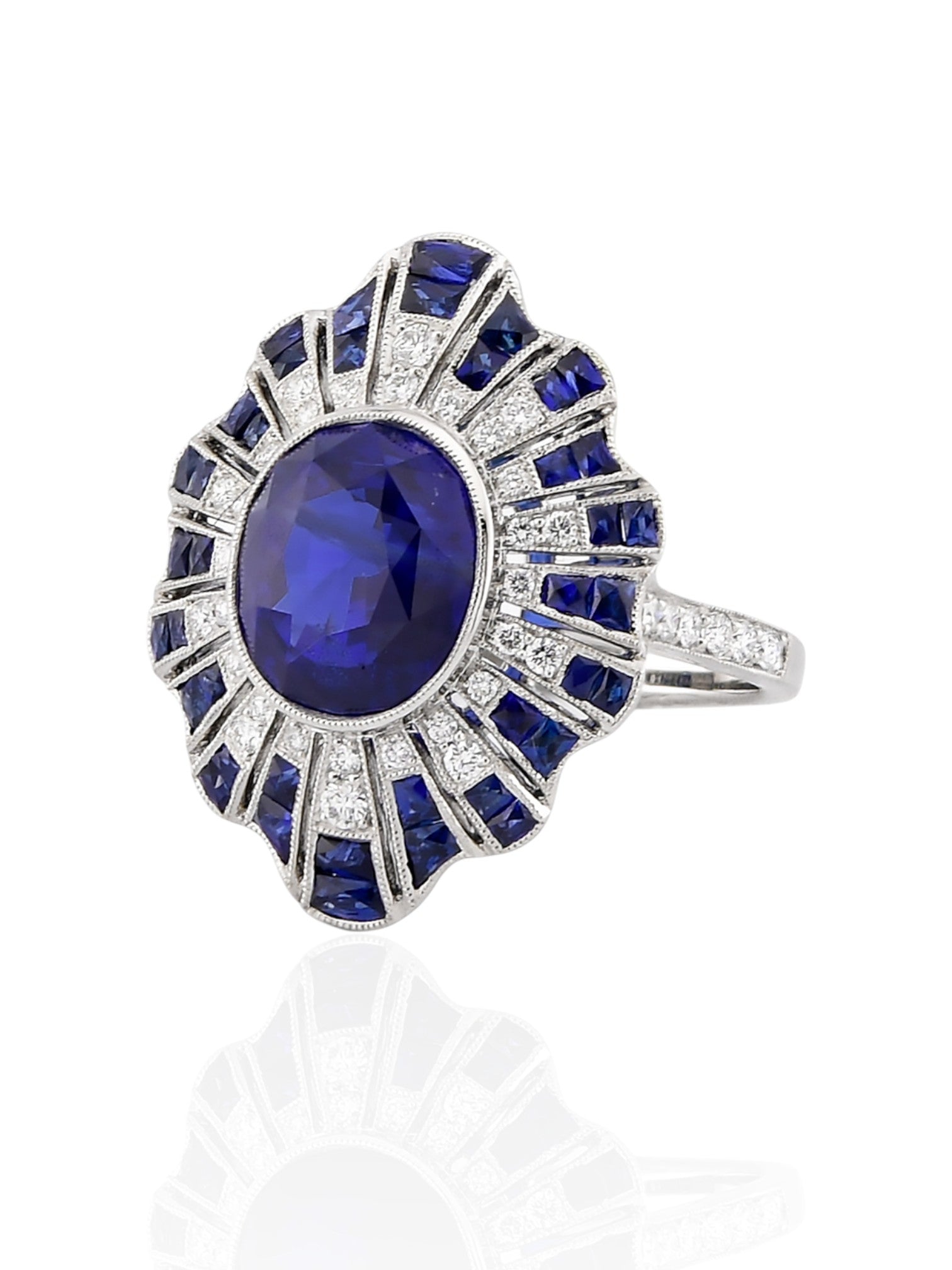 Sophia D Oval Sapphire and Diamond Sunburst Ring in Platinum