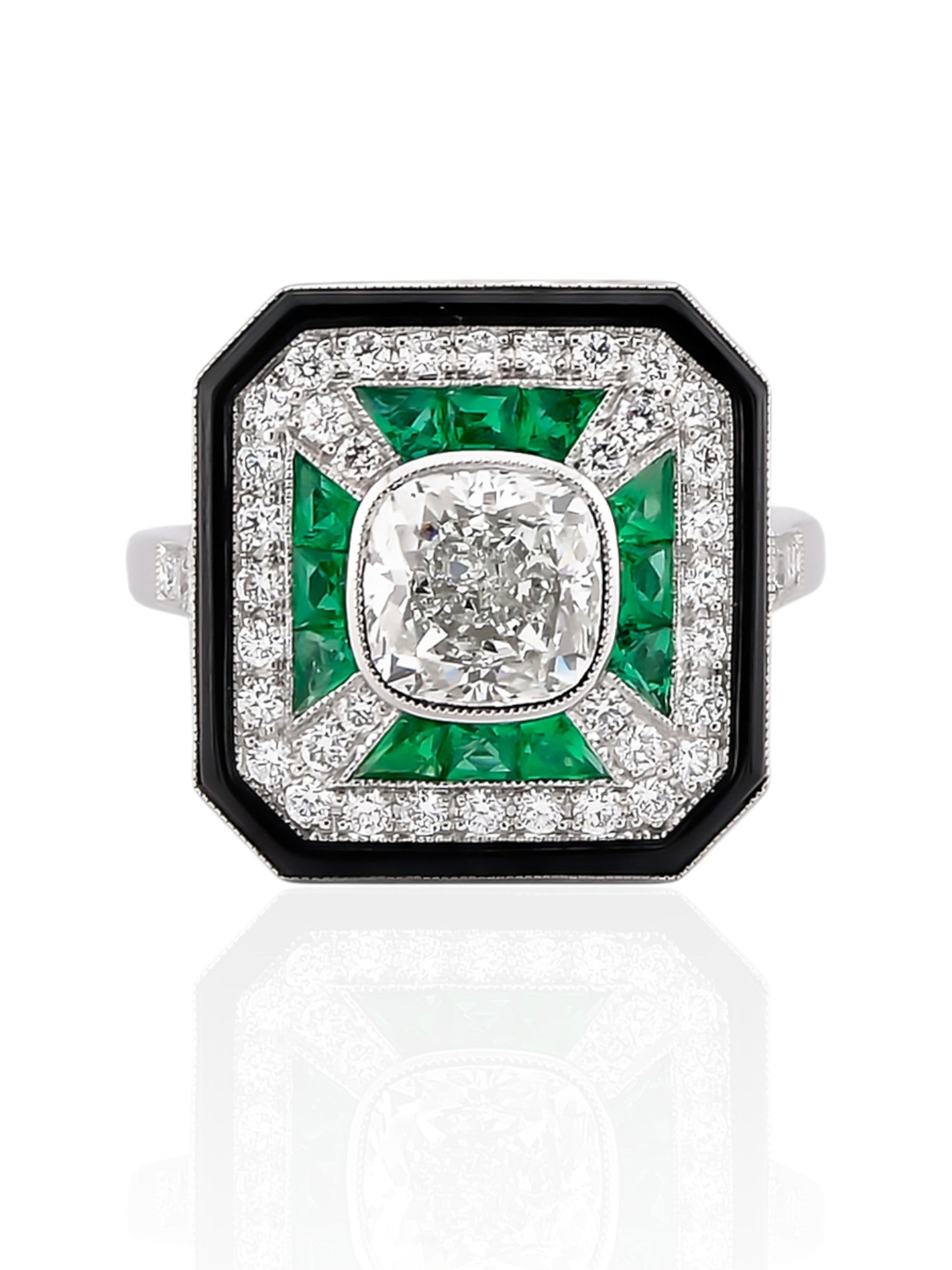Sophia D Cushion Diamond, Emerald, and Onyx Halo Ring in Platinum