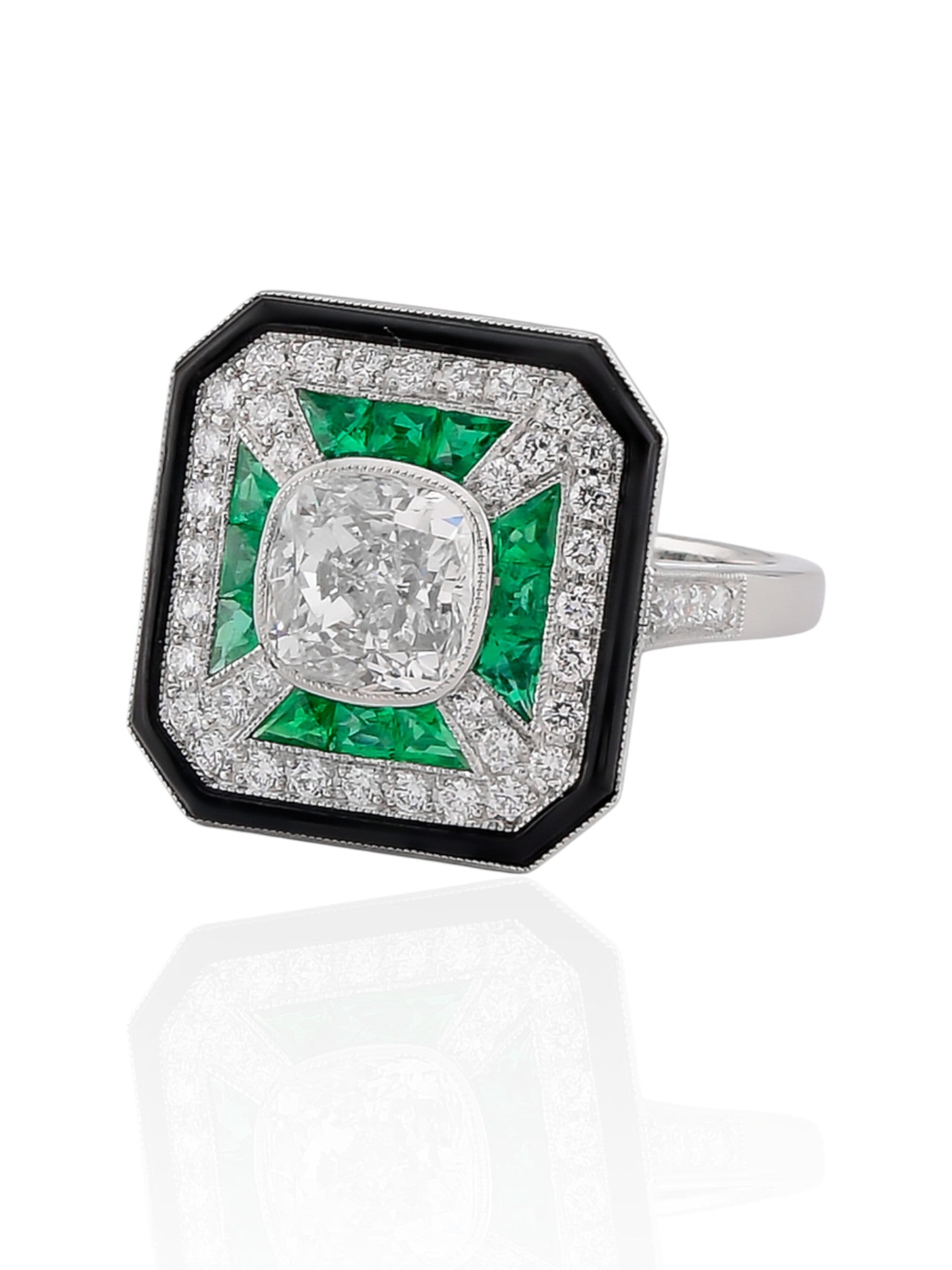 Sophia D Cushion Diamond, Emerald, and Onyx Halo Ring in Platinum