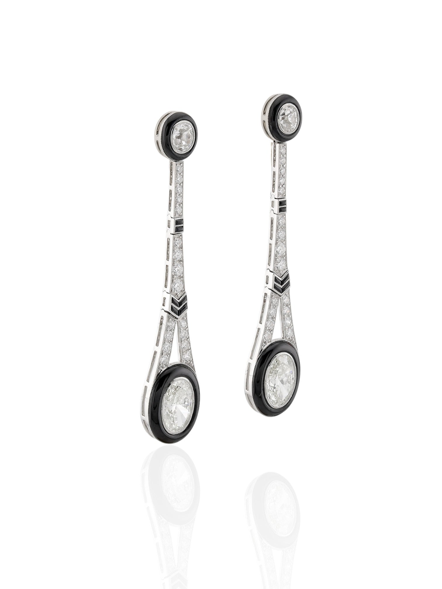 Sophia D Art Deco Onyx and Oval Diamond Drop Earrings Platinum and 18K Yellow Gold