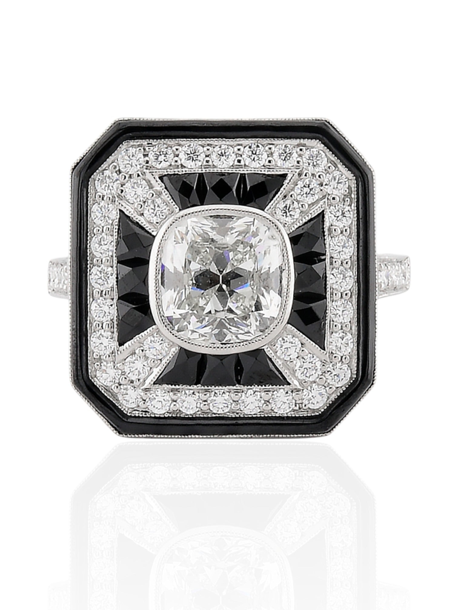 Sophia D Art Deco Mosaic Onyx and Cushion-Cut Diamond Ring Platinum