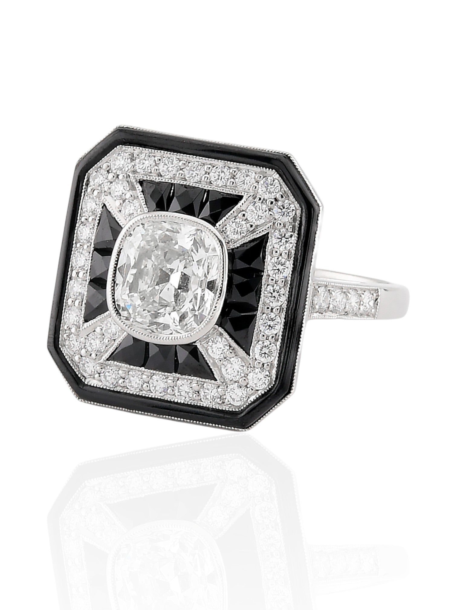 Sophia D Art Deco Mosaic Onyx and Cushion-Cut Diamond Ring Platinum