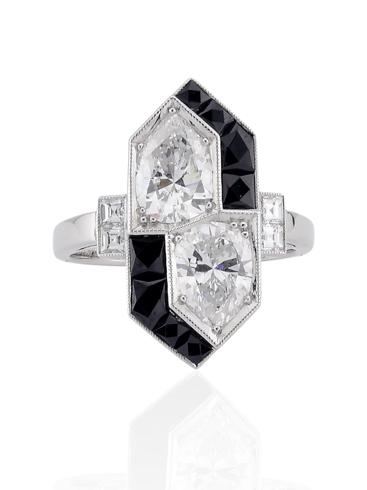 Sophia D Art Deco Mosaic Pear-Shaped Diamond and Onyx Ring Platinum