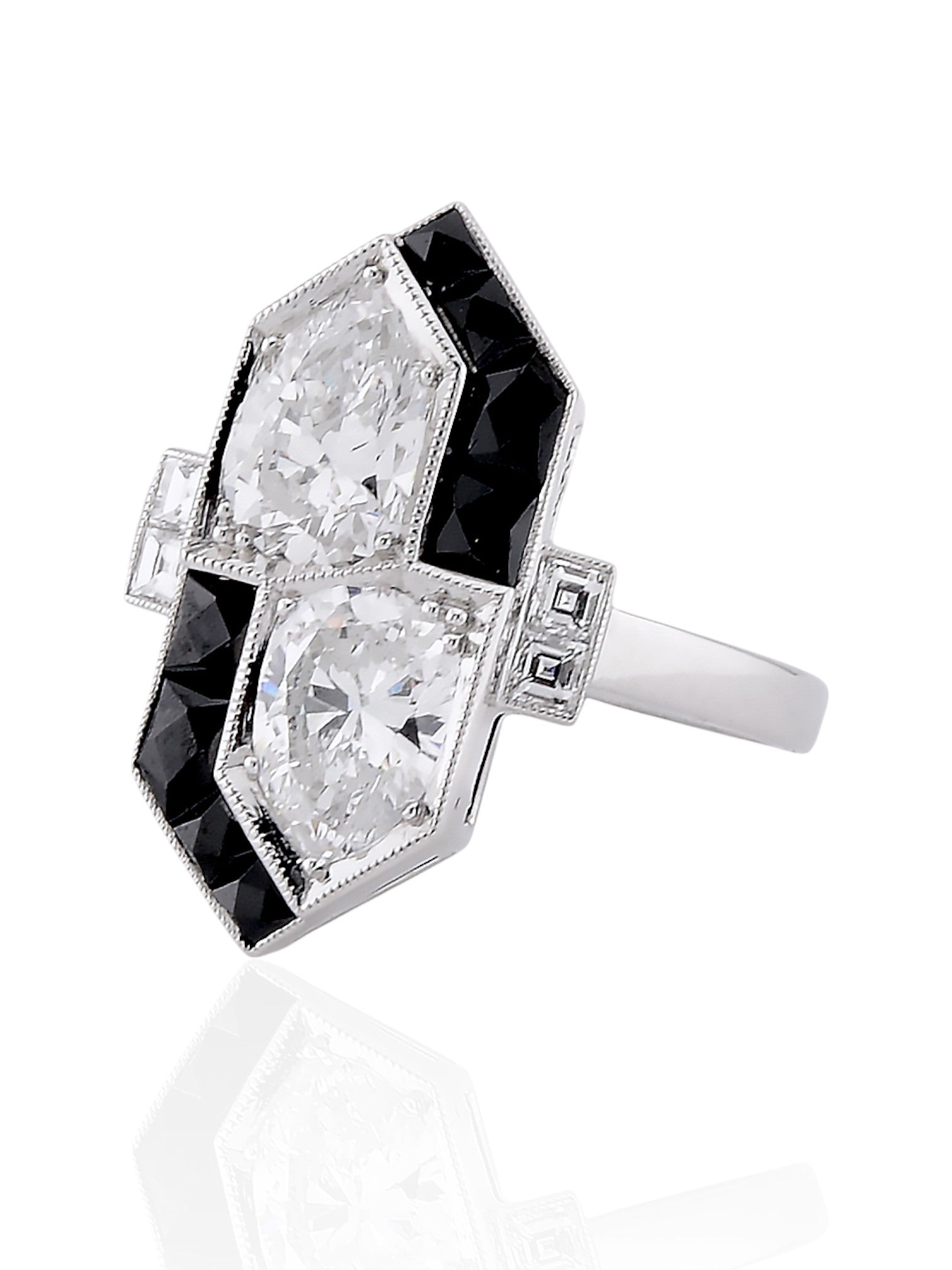 Sophia D Art Deco Mosaic Pear-Shaped Diamond and Onyx Ring Platinum