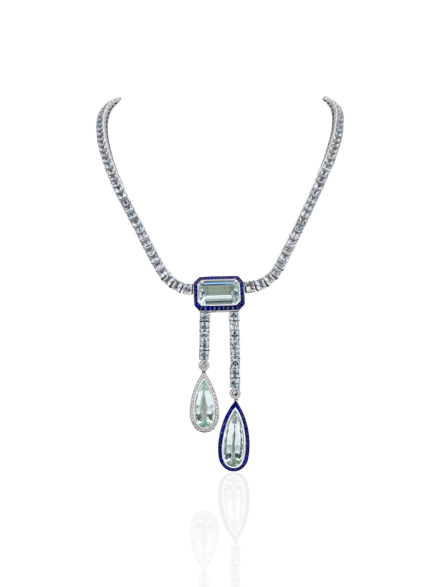 Sophia D Art Deco Aquamarine, Sapphire and Diamond Necklace in Platinum