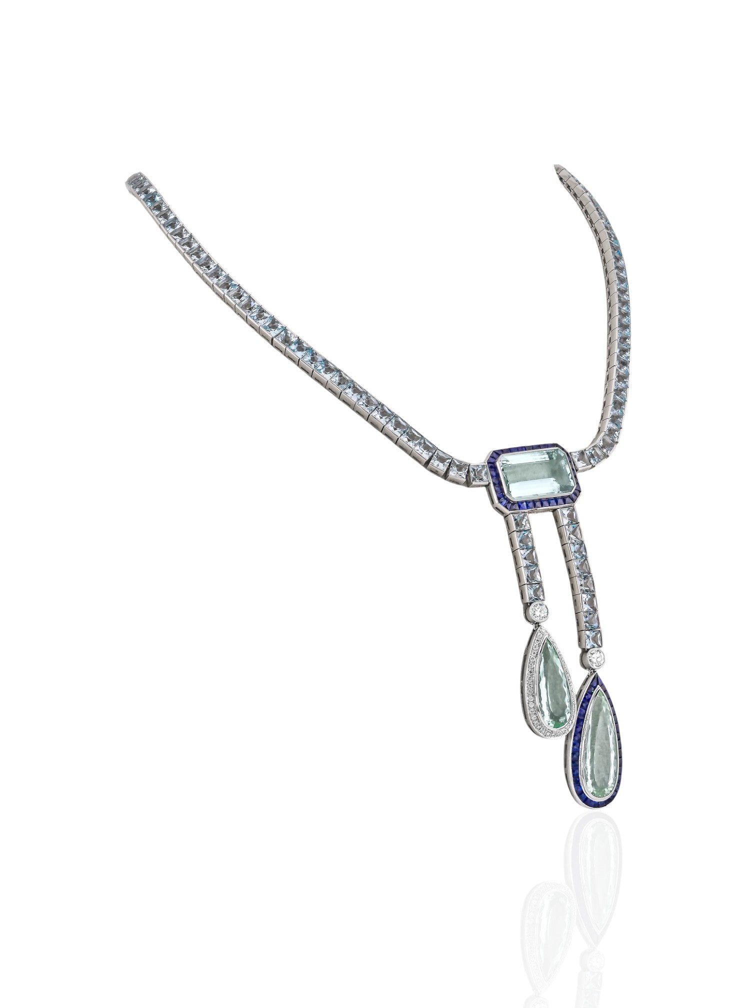 Sophia D Art Deco Aquamarine, Sapphire and Diamond Necklace in Platinum