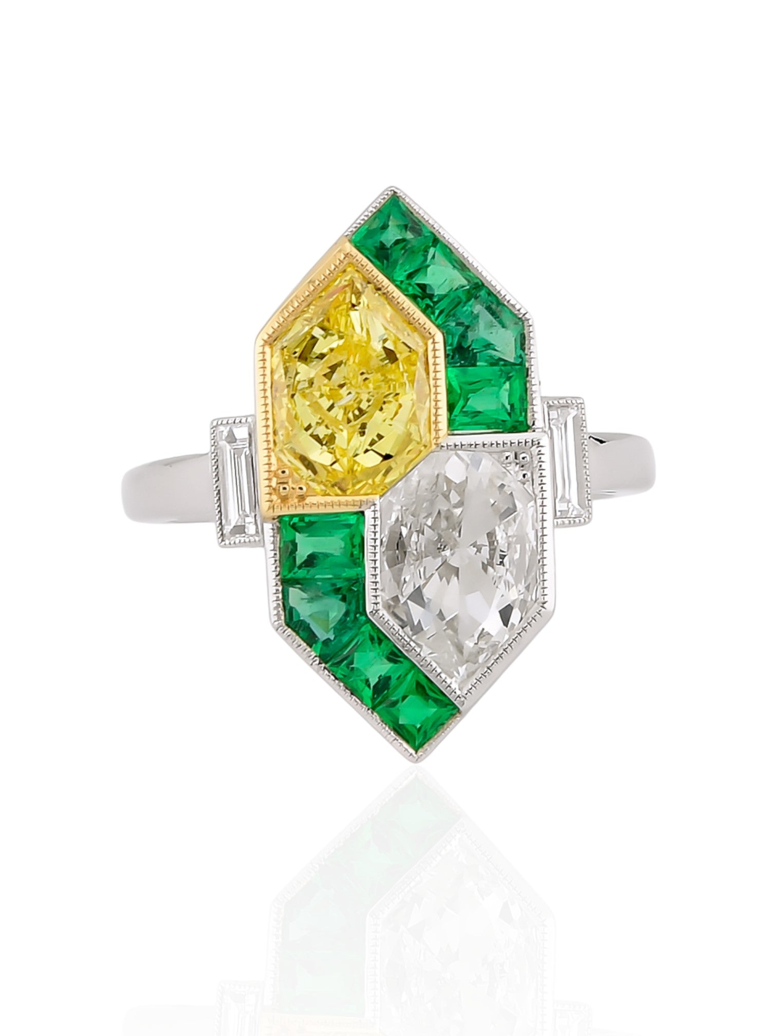 Sophia D Art Deco Kite-Cut Yellow and White Diamond Mosaic Ring in Platinum and 18K Yellow Gold
