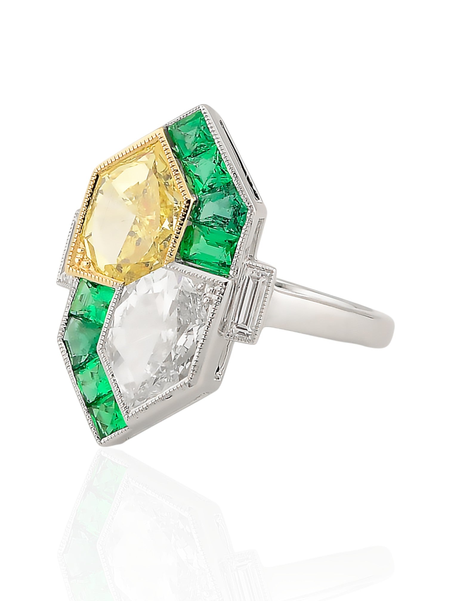 Sophia D Art Deco Kite-Cut Yellow and White Diamond Mosaic Ring in Platinum and 18K Yellow Gold