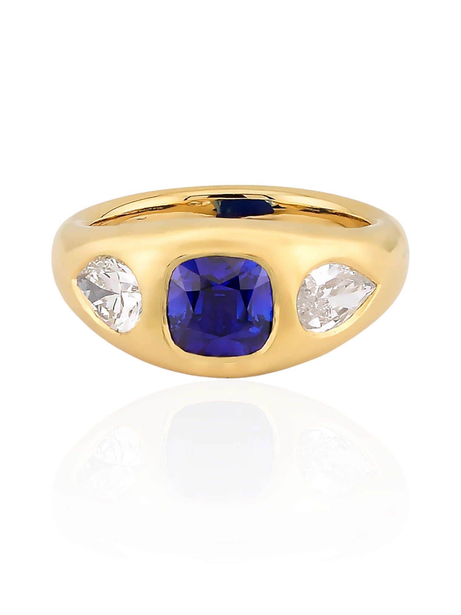 Sophia D Three-Stone Gypsy Ring with Cushion Sapphire and Pear Diamonds in 18K Yellow Gold