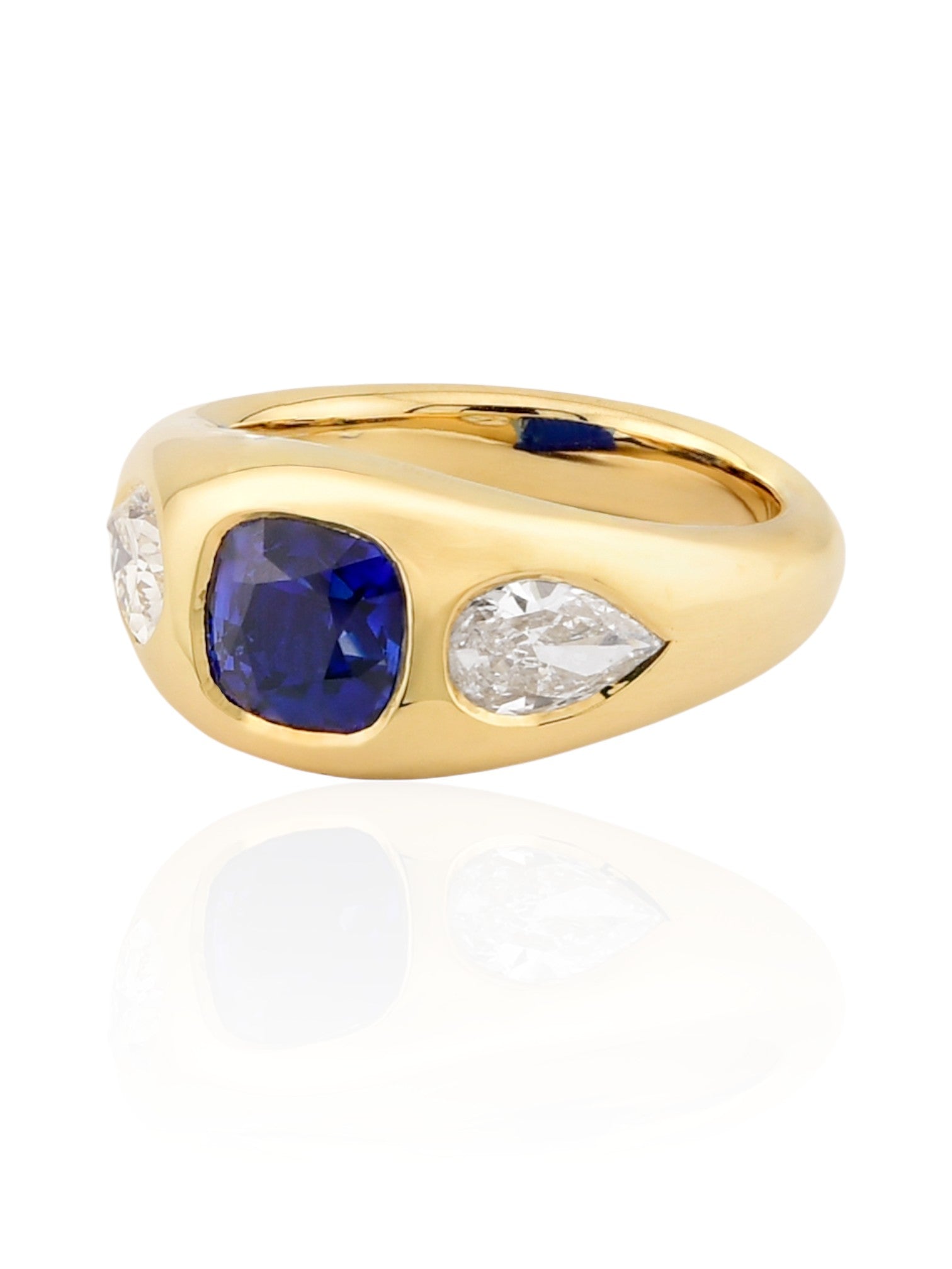 Sophia D Three-Stone Gypsy Ring with Cushion Sapphire and Pear Diamonds in 18K Yellow Gold