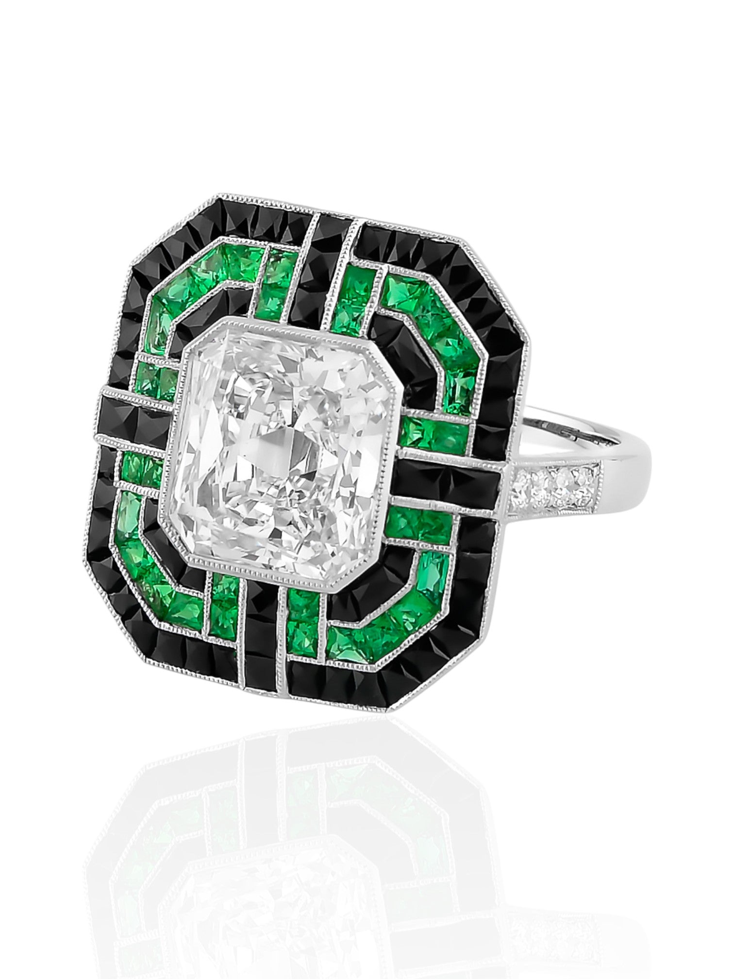 Sophia D Art Deco Mosaic Ring with Rectangular Diamond, Emerald, and Onyx in Platinum