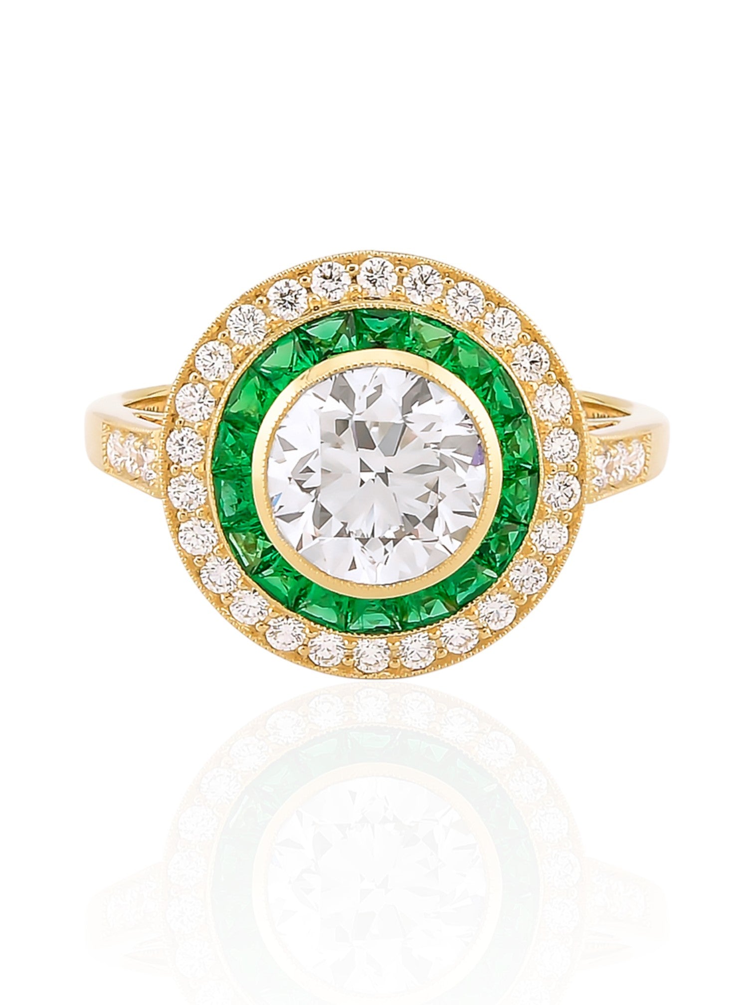 Sophia D Art Deco Round Diamond and Emerald Halo Ring in 18K Yellow Gold
