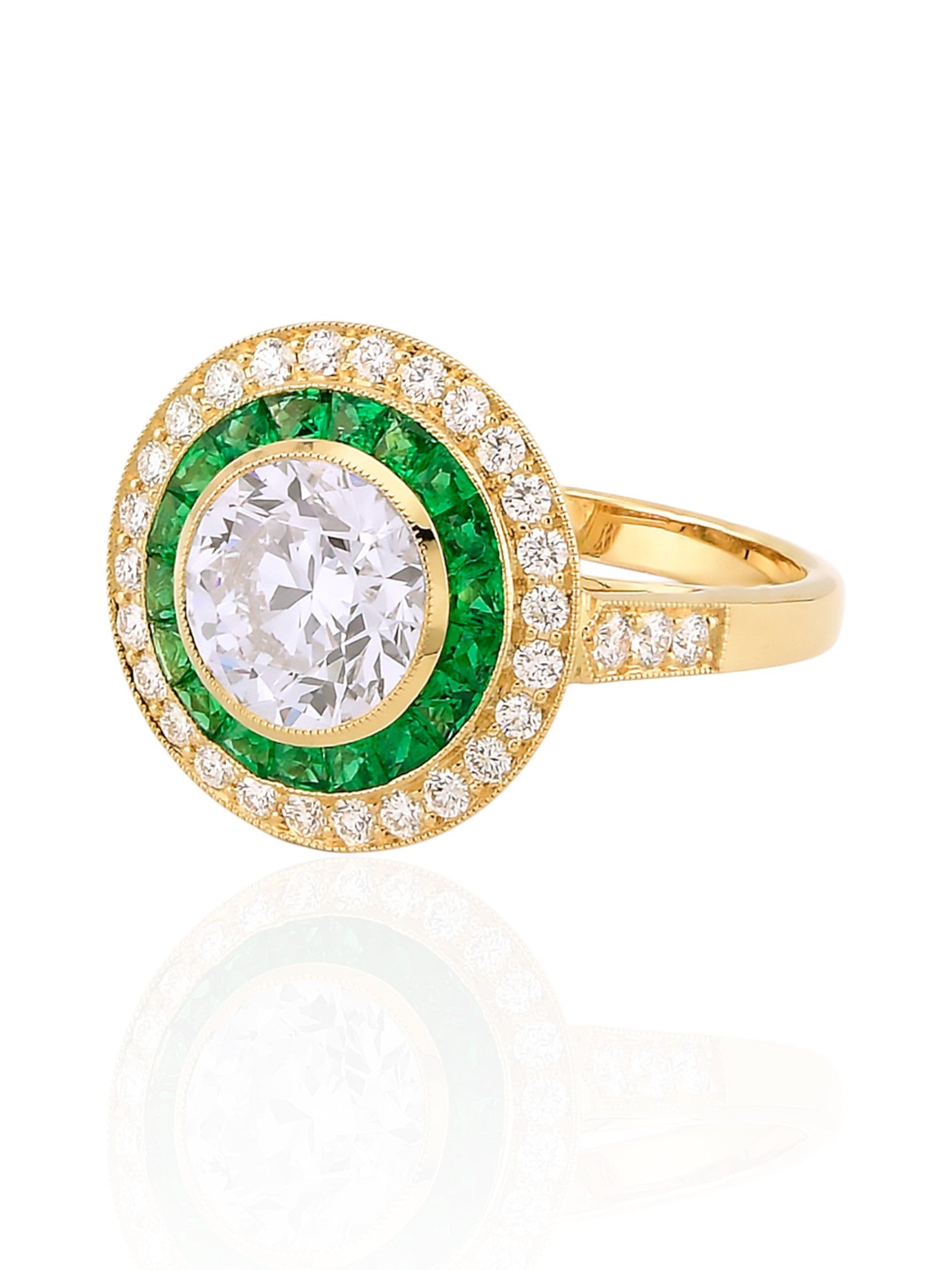 Sophia D Art Deco Round Diamond and Emerald Halo Ring in 18K Yellow Gold