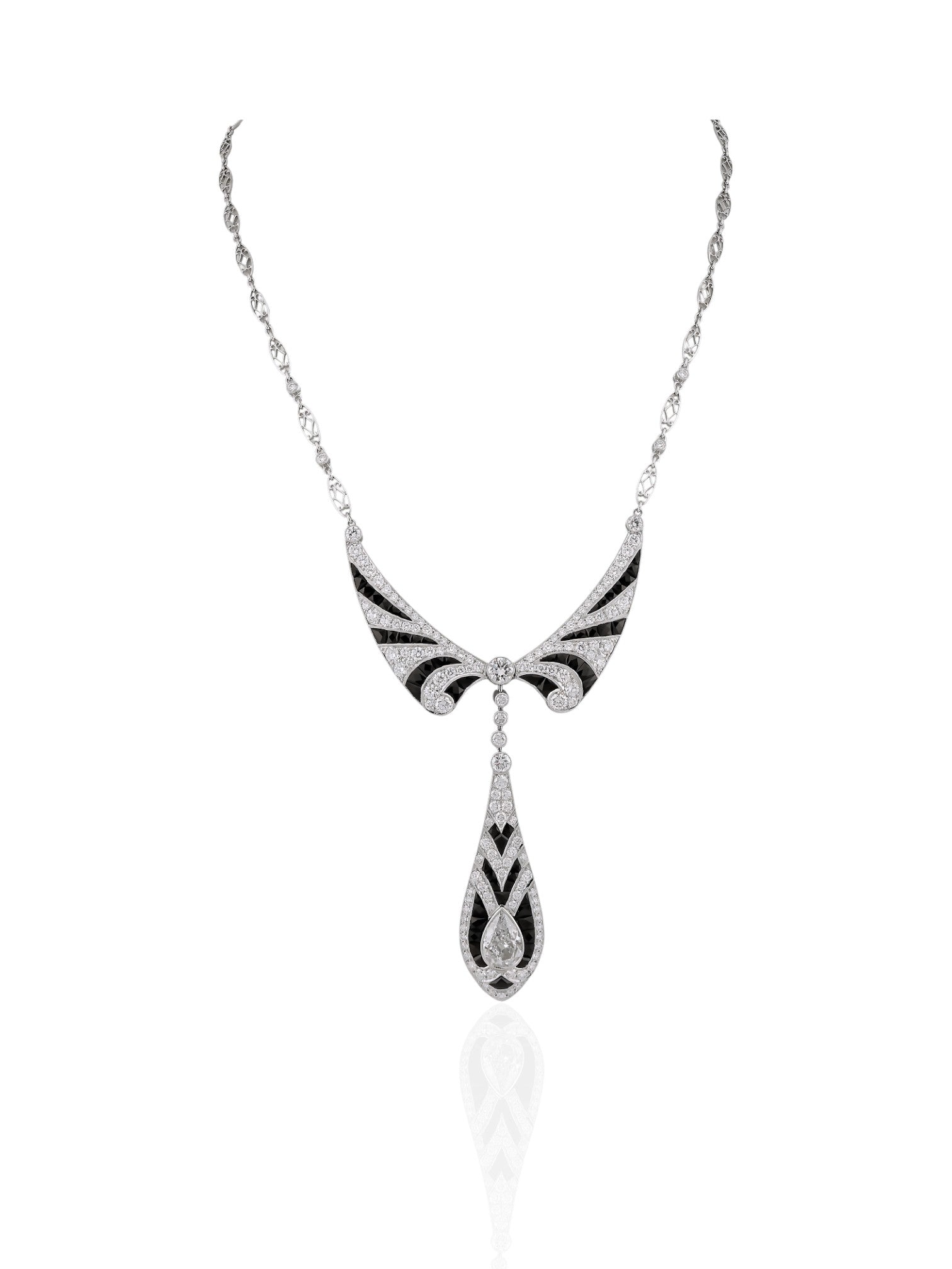 Sophia D Midnight Deco Necklace with Pear Diamond and Onyx in Platinum