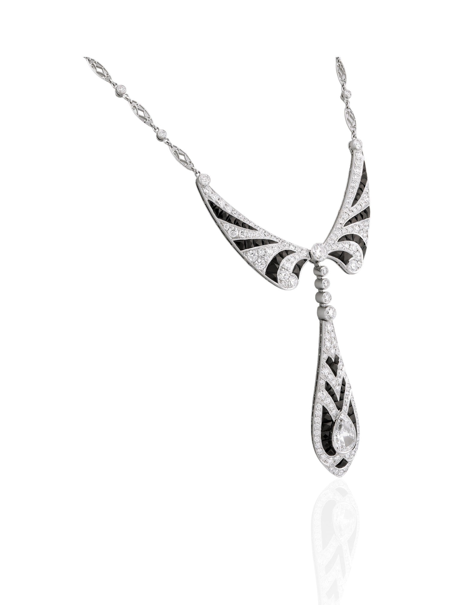 Sophia D Midnight Deco Necklace with Pear Diamond and Onyx in Platinum