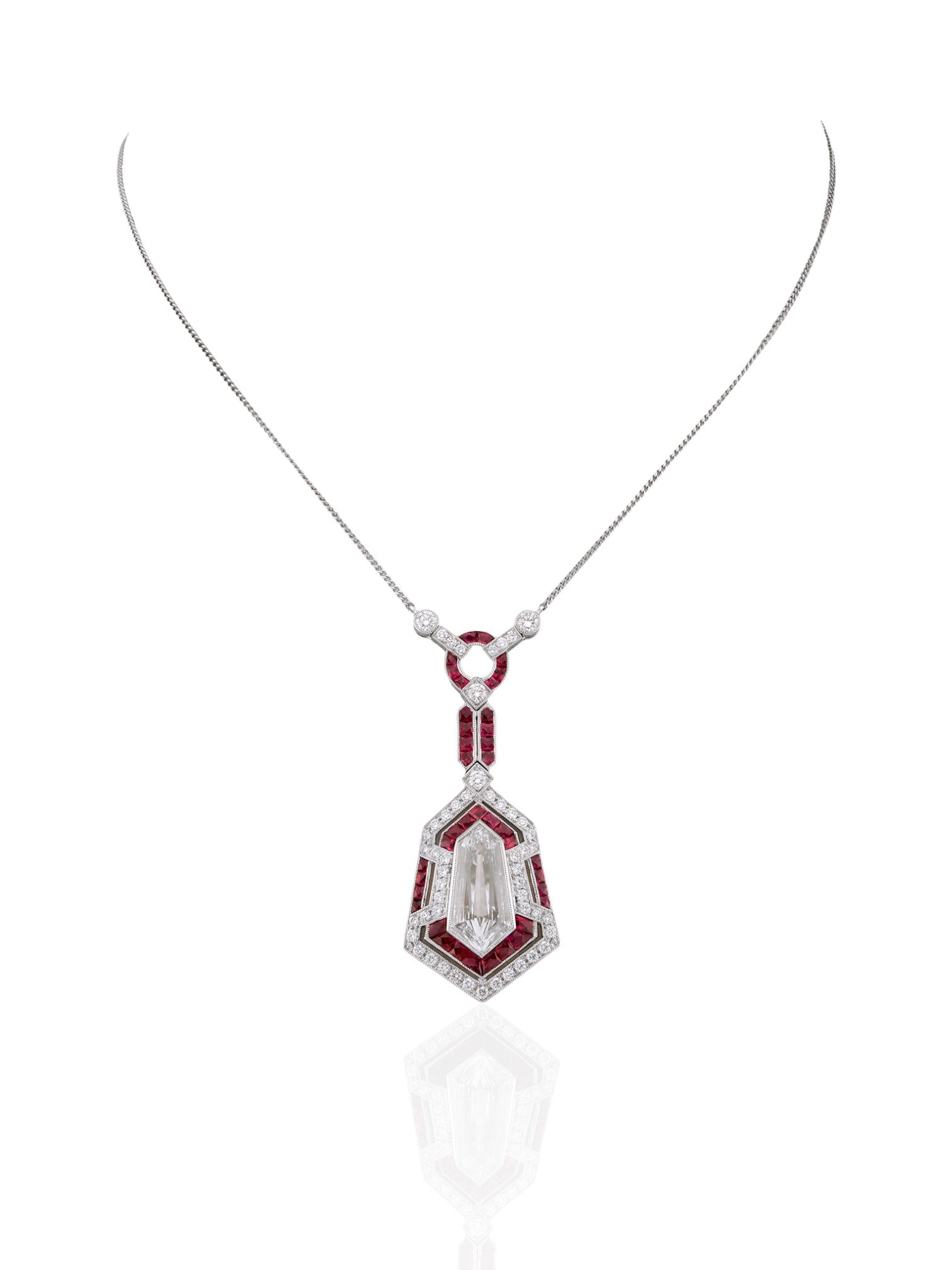 Sophia D Pendant Necklace with Kite Diamond and Rubies in Platinum