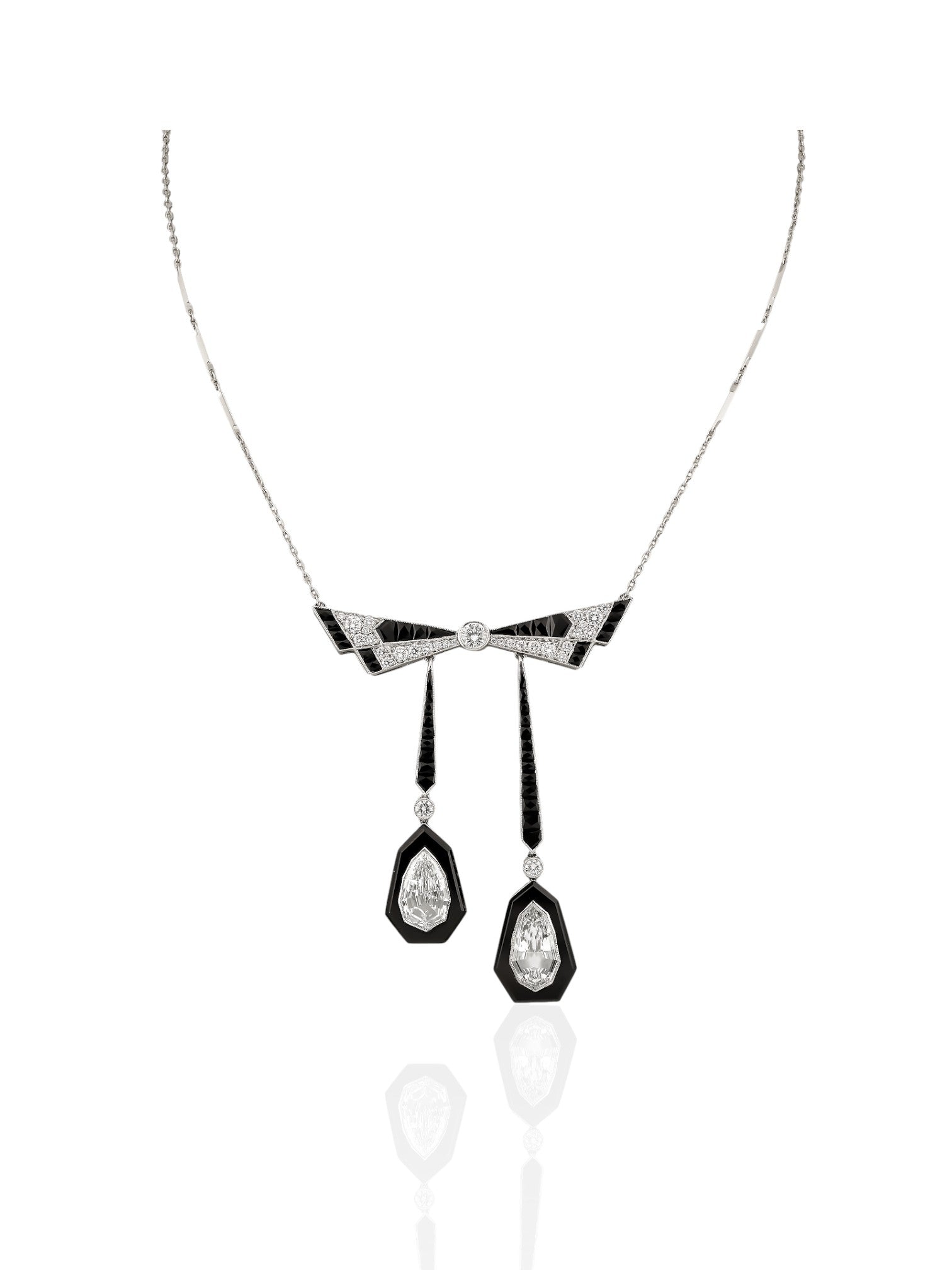 Sophia D Bow Necklace with Step-Cut Pear Diamonds and Onyx in Platinum