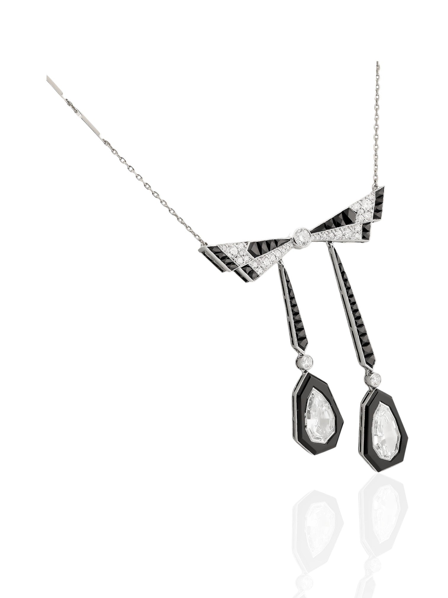 Sophia D Bow Necklace with Step-Cut Pear Diamonds and Onyx in Platinum