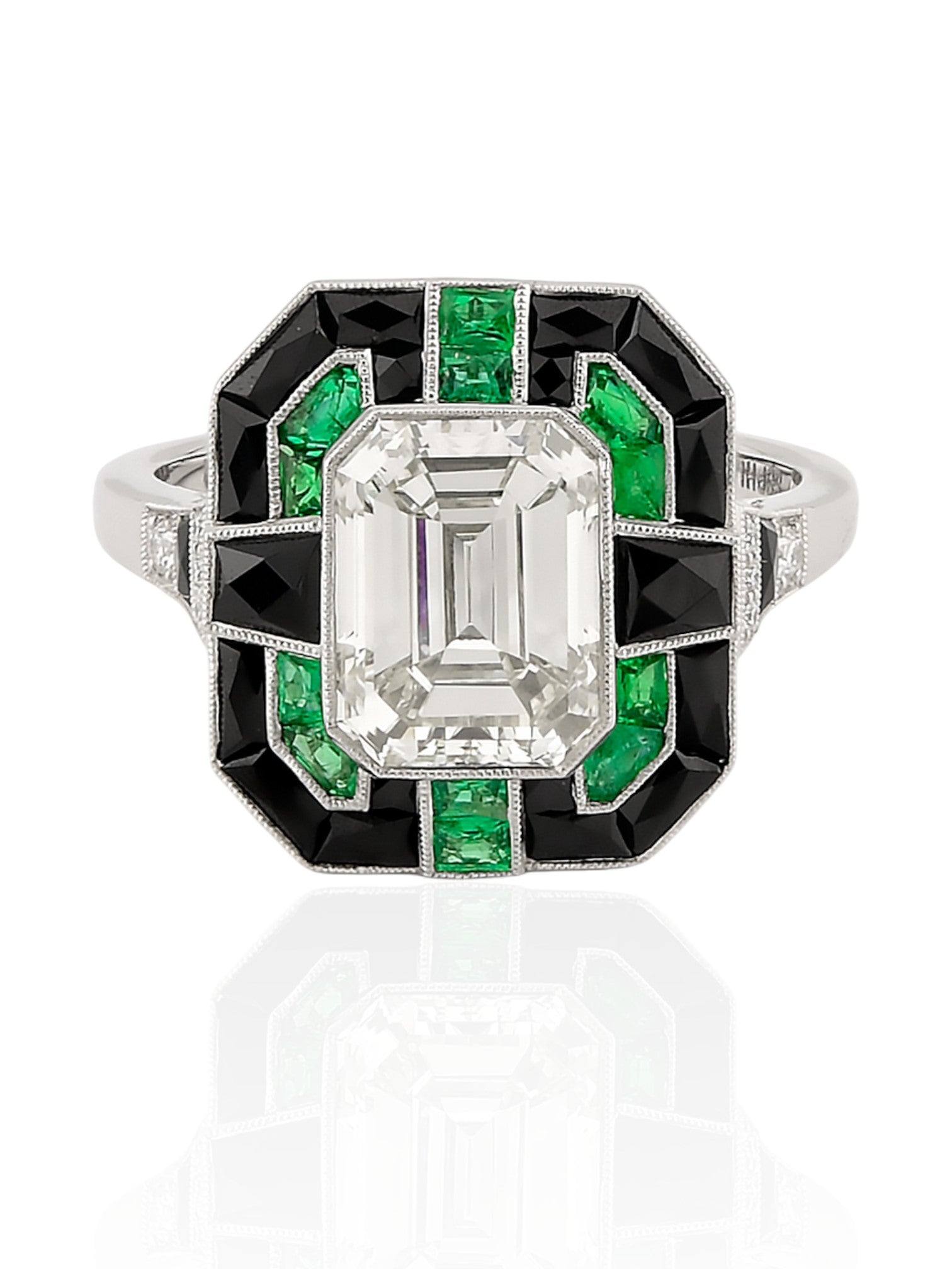 Sophia D Art Deco Mosaic Ring with Emerald-Cut Diamond, Emeralds, and Onyx in Platinum