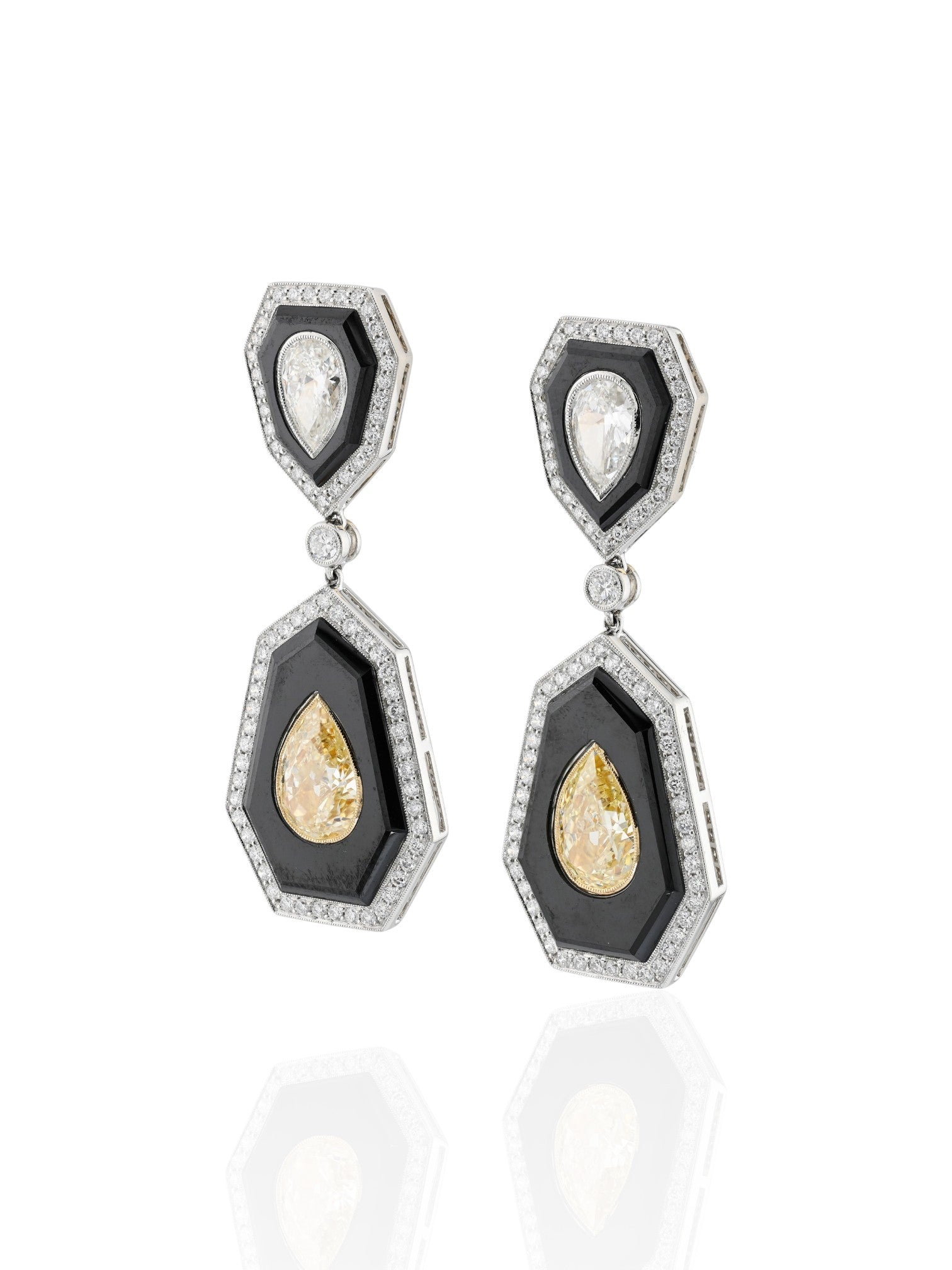 Sophia D Art Deco Yellow Diamond and Onyx Drop Earrings Platinum & 18K Yellow Gold