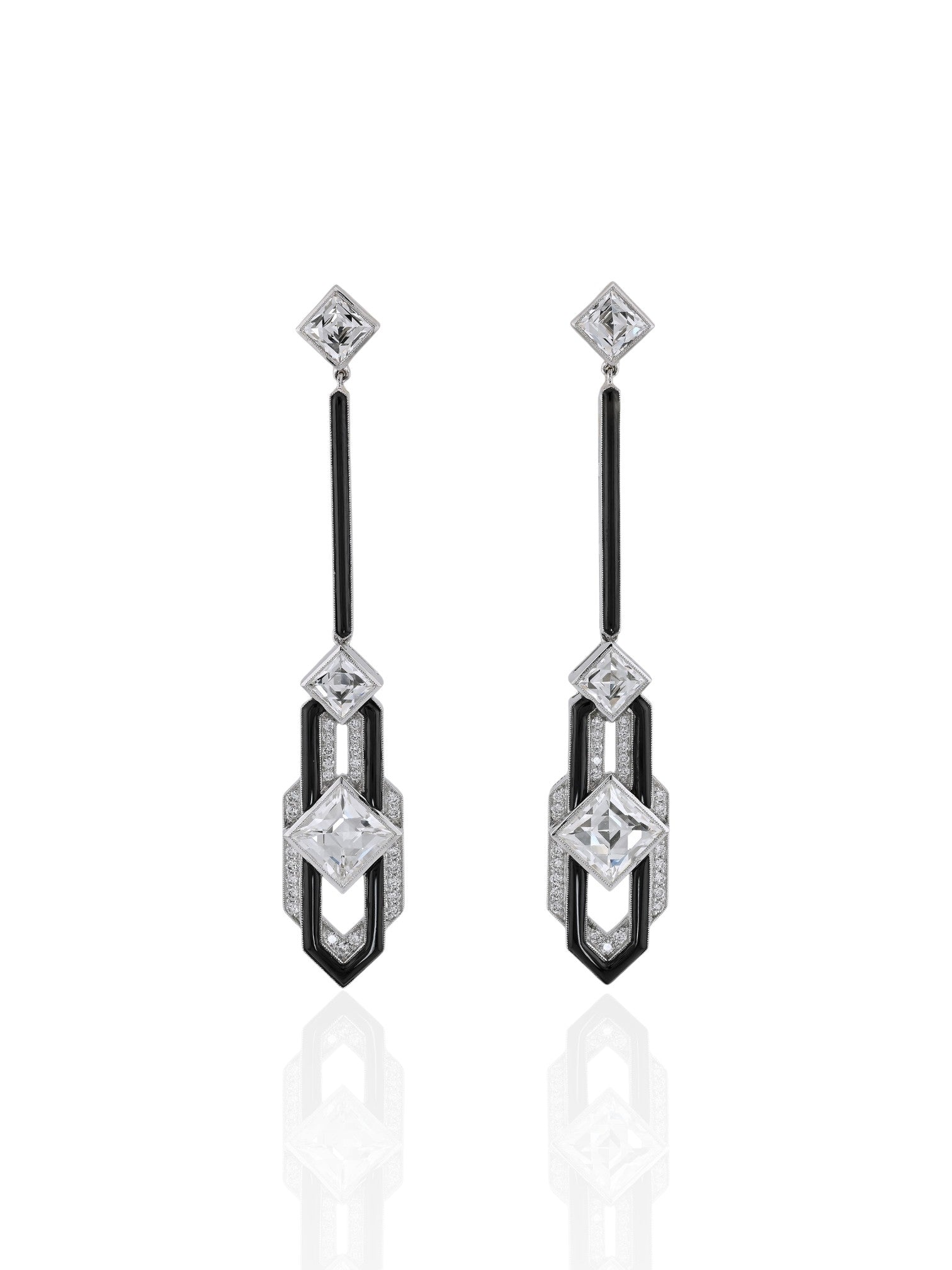 Sophia D Art Deco Square Cut Diamond and Onyx Drop Earrings Platinum & 18K Yellow Gold