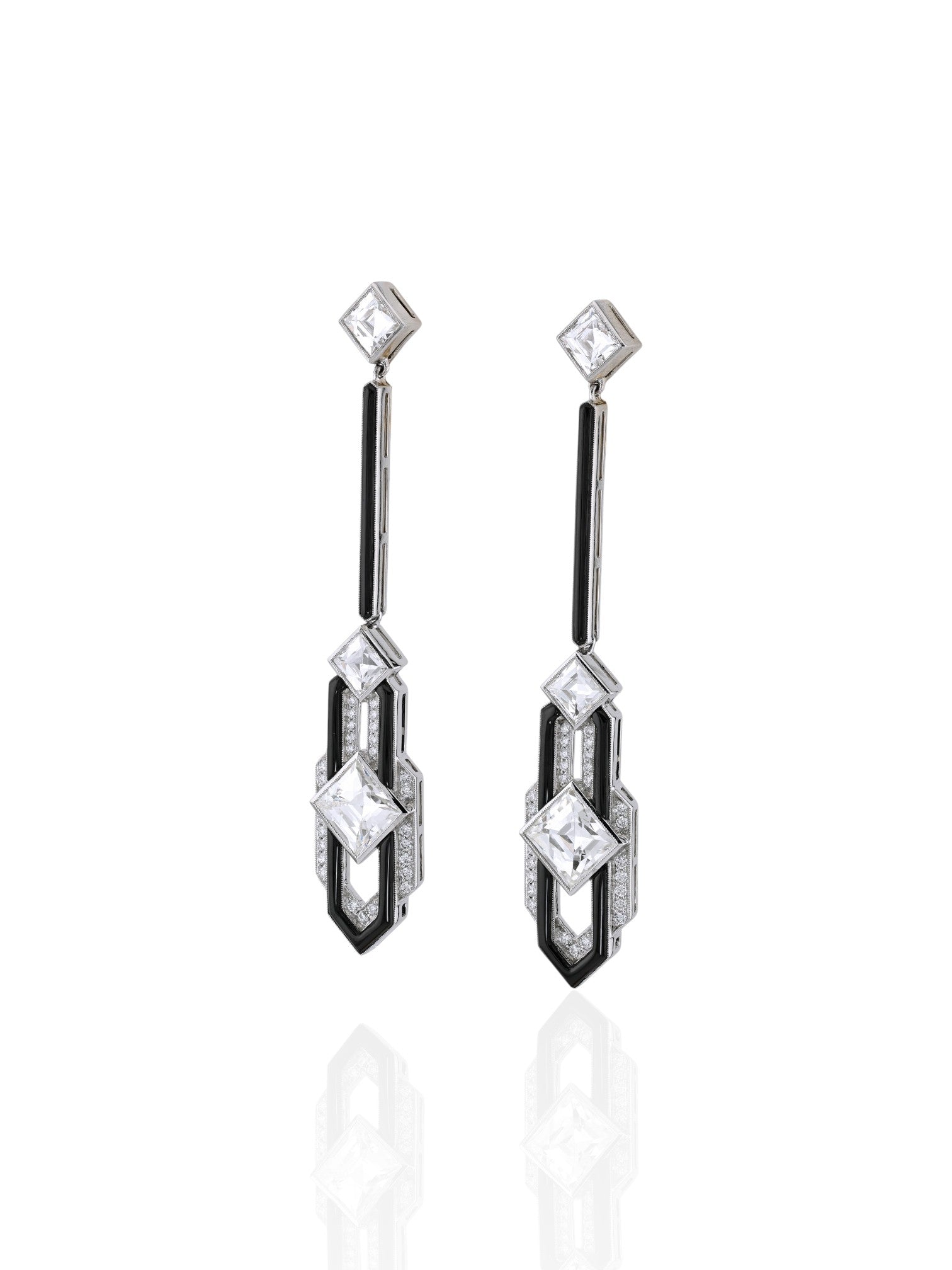 Sophia D Art Deco Square Cut Diamond and Onyx Drop Earrings Platinum & 18K Yellow Gold