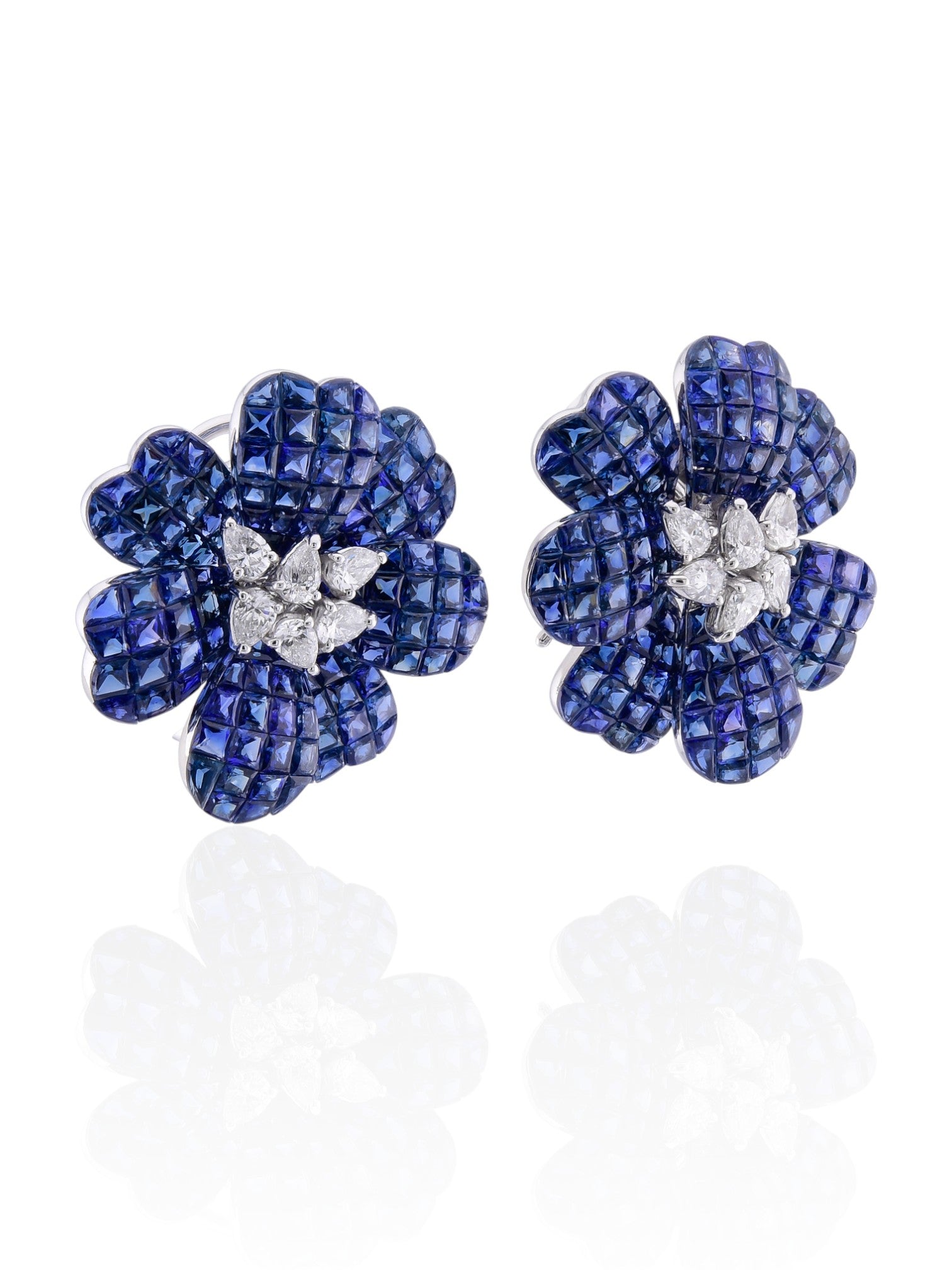 Sophia D Invisible-Set Sapphire & Diamond Floral Earrings in 18K White Gold