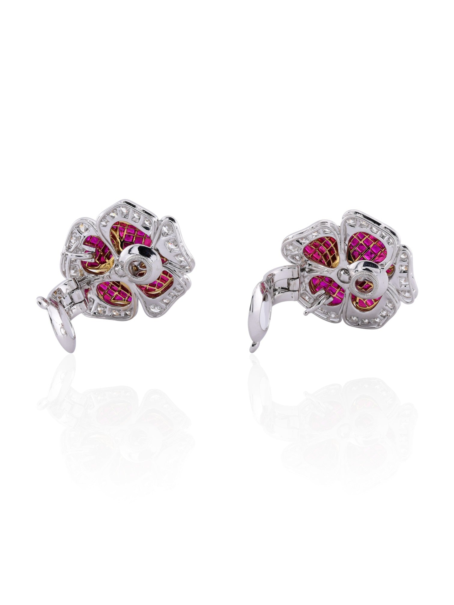 Sophia D Invisible-Set Ruby & Diamond Floral Earrings in 18K White Gold