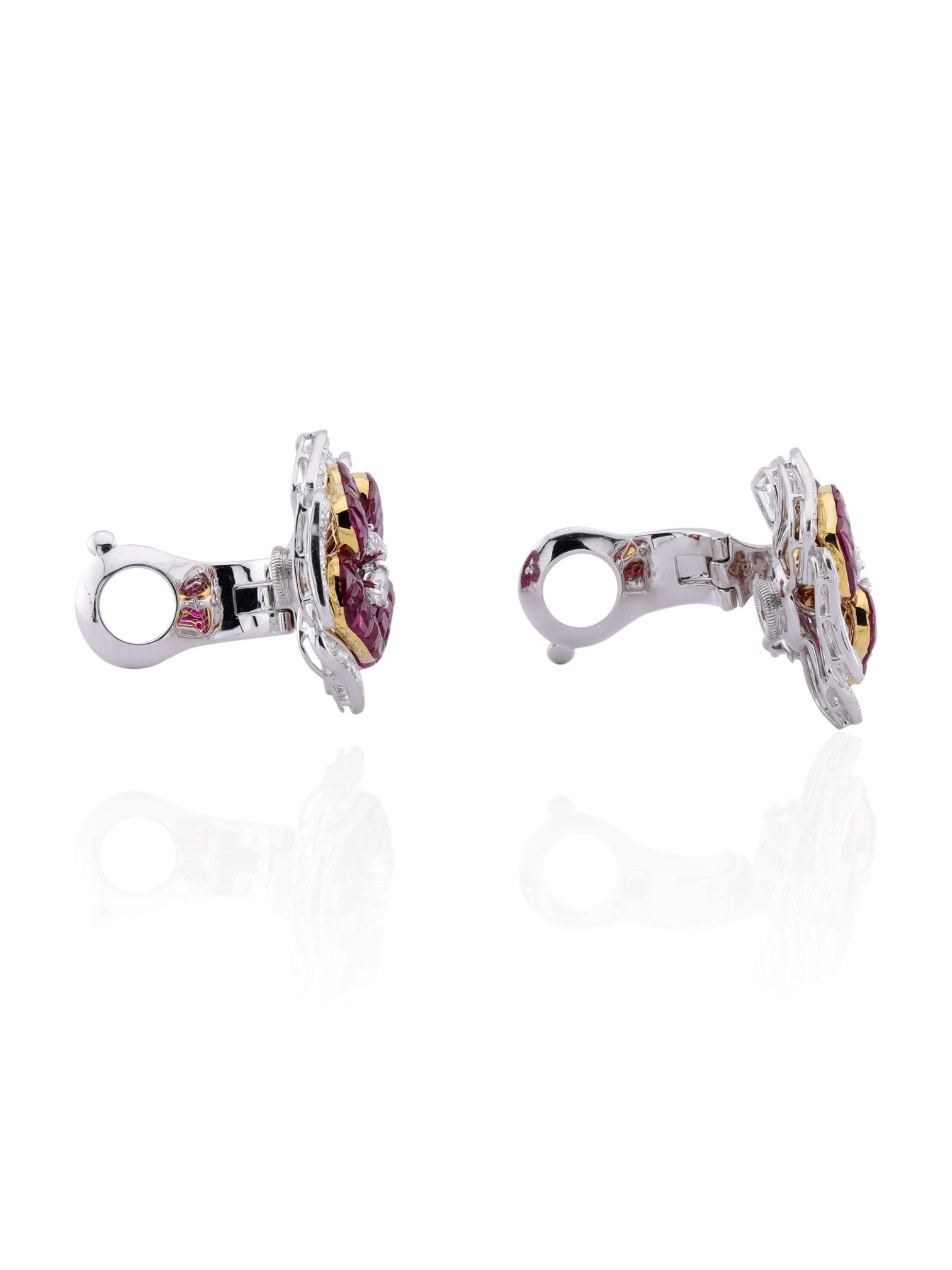 Sophia D Invisible-Set Ruby & Diamond Floral Earrings in 18K White Gold