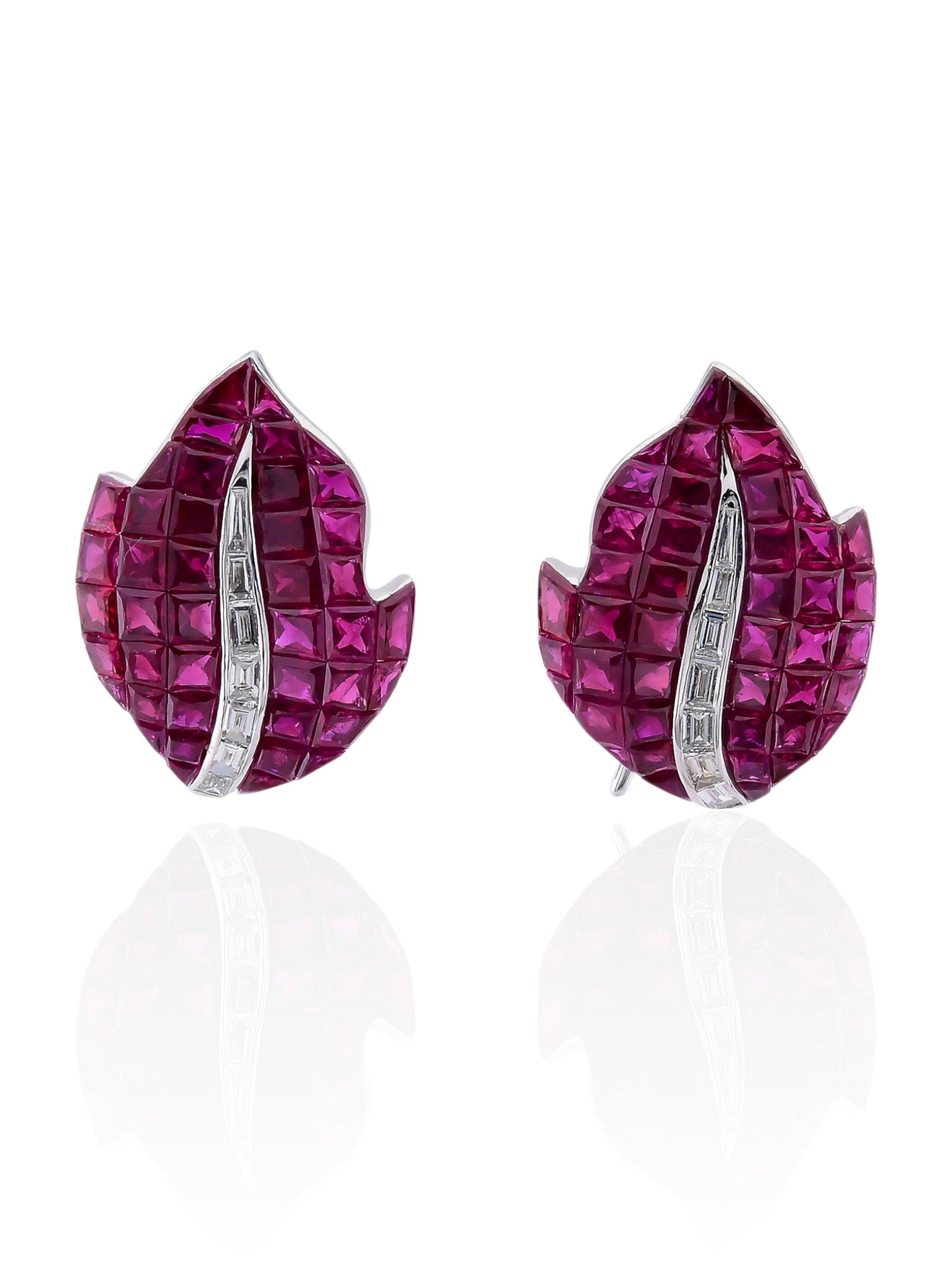 Sophia D Invisible-Set Ruby & Diamond Leaf Earrings in 18K White Gold