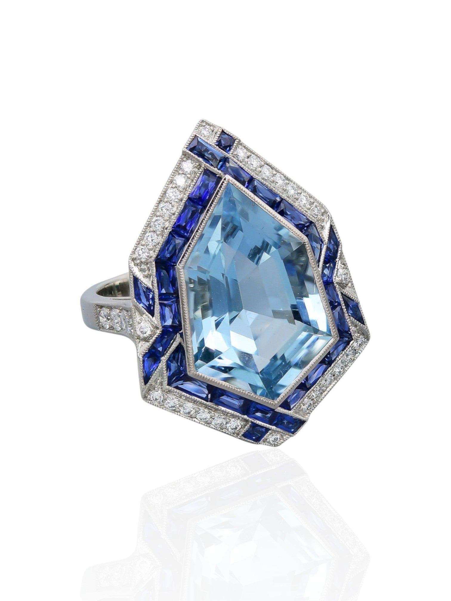 Sophia D Art Deco Aquamarine Sapphire and Diamond Ring Platinum