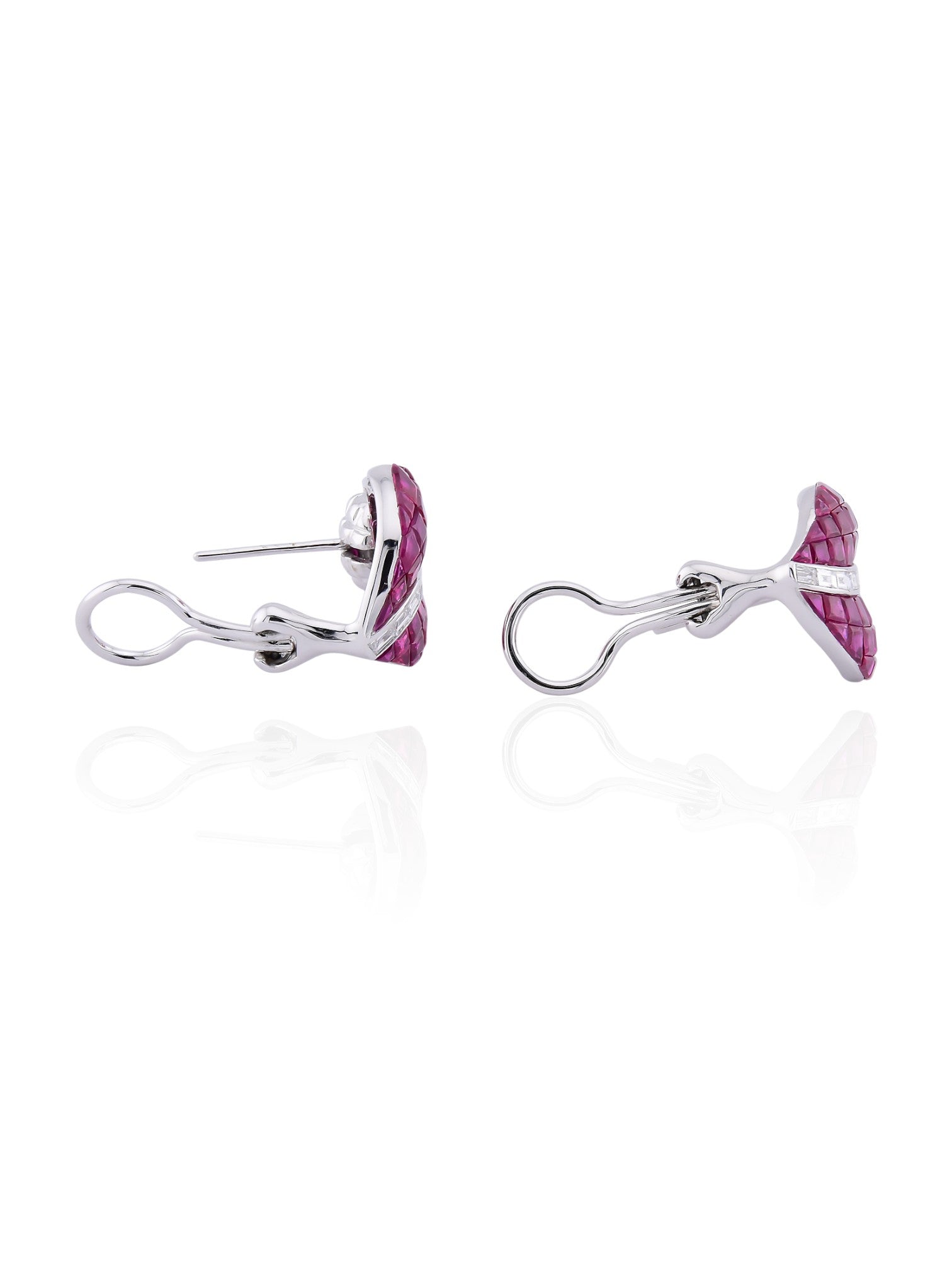 Sophia D Invisible-Set Ruby & Diamond Leaf Earrings in 18K White Gold