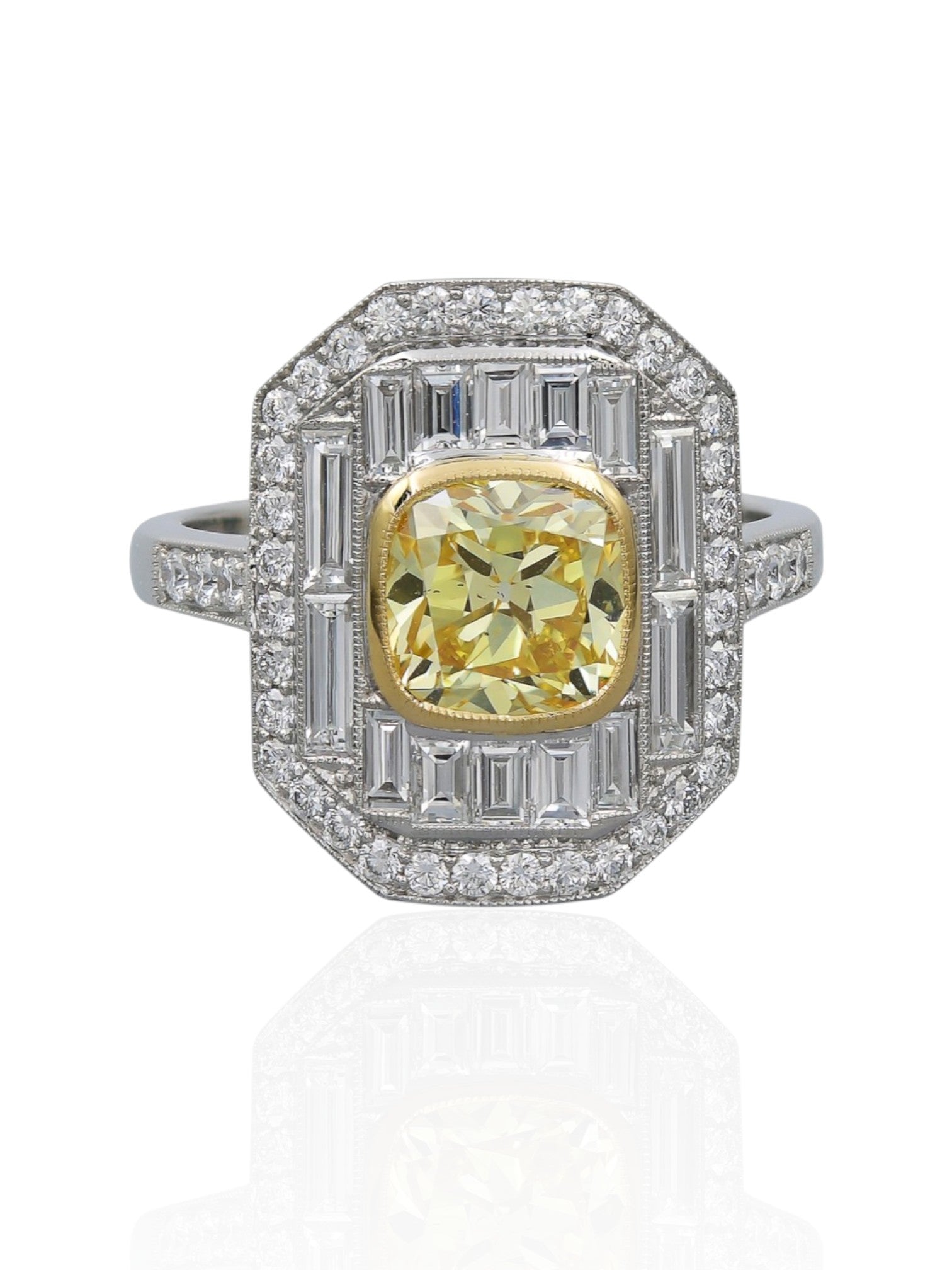 Sophia D Art Deco Fancy Yellow Diamond and Diamond Ring Platinum and 18K Yellow Gold
