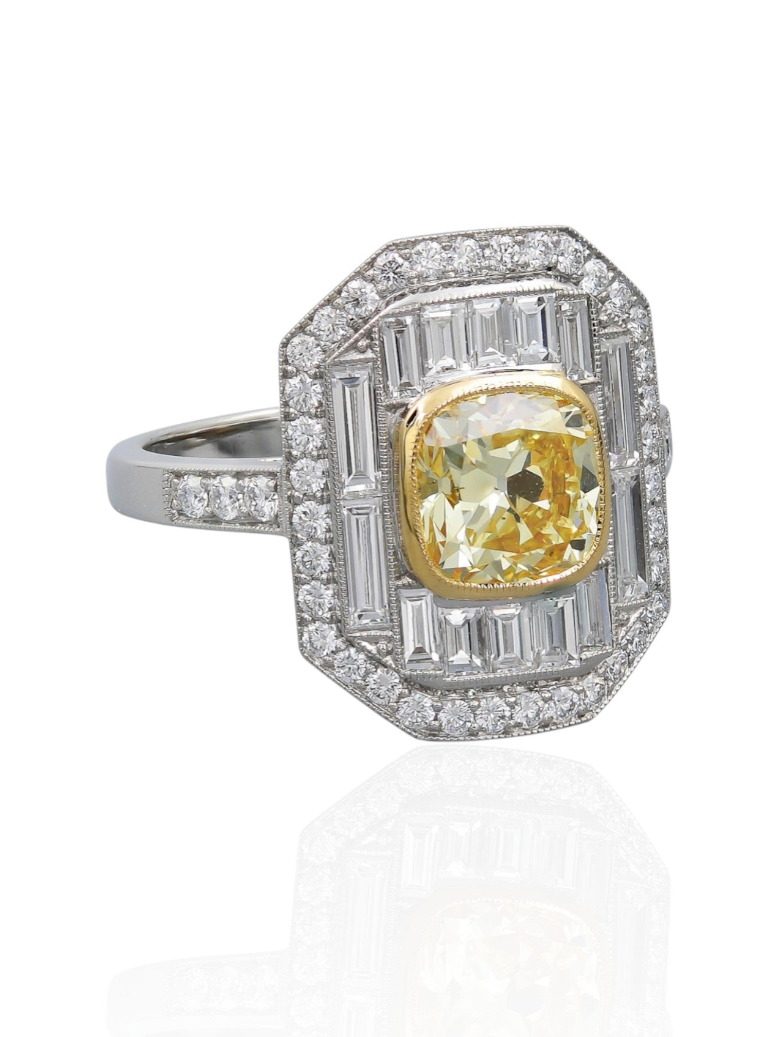 Sophia D Art Deco Fancy Yellow Diamond and Diamond Ring Platinum and 18K Yellow Gold