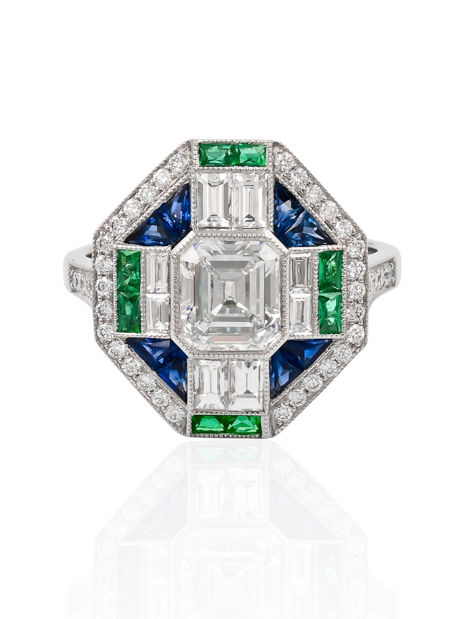 Sophia D Art Deco Diamond Emerald and Sapphire Ring Platinum