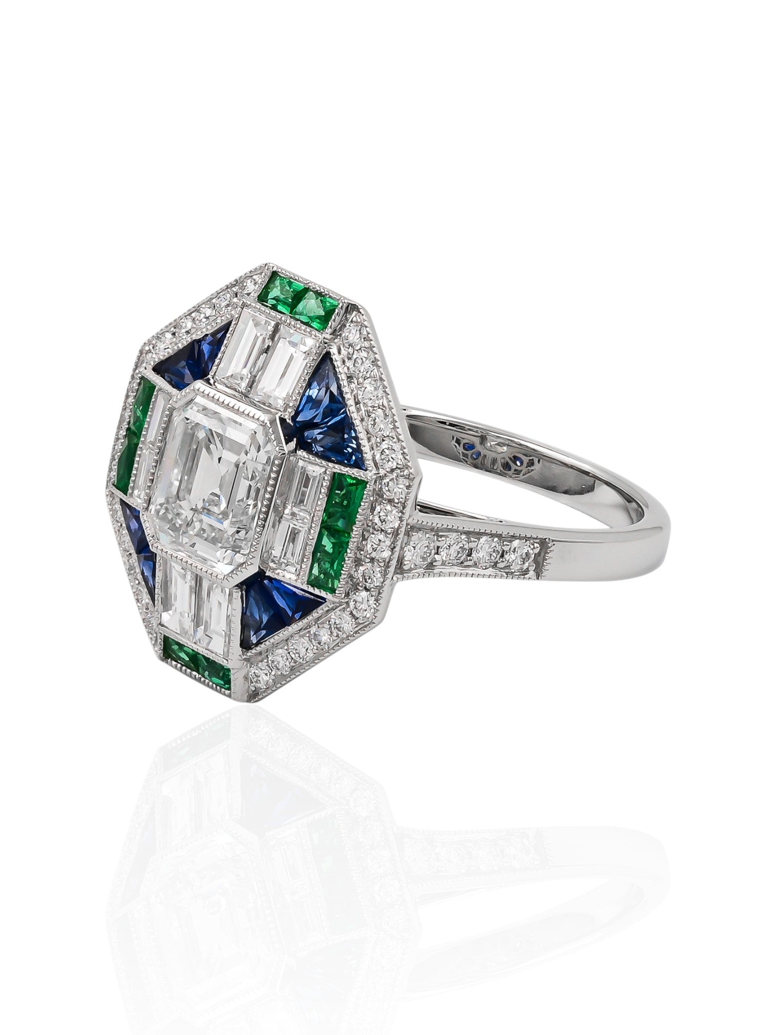 Sophia D Art Deco Diamond Emerald and Sapphire Ring Platinum