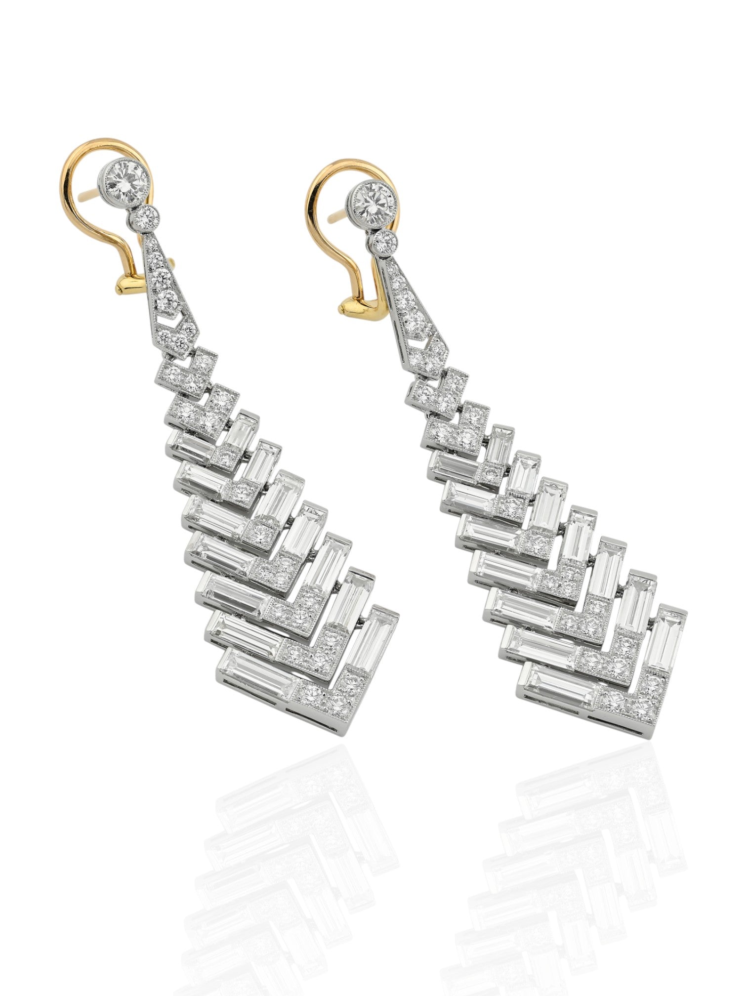 Sophia D Art Deco Diamond Chevron Platinum and 18K Yellow Gold Earrings